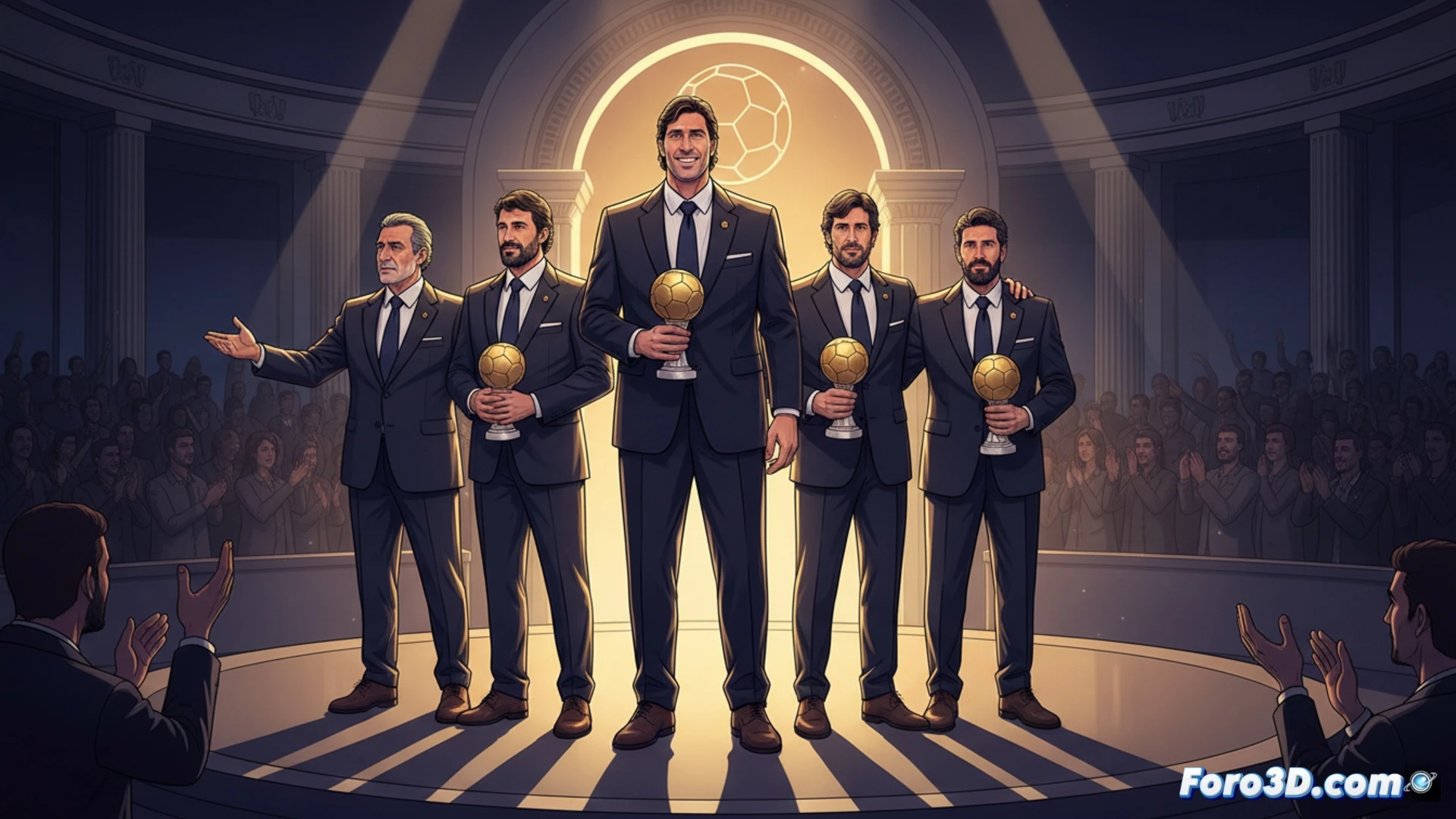 Una imagen del Salón de la Fama de ASOBAL, con los bustos de David Barrufet, Mateo Garralda, Rafa Guijosa, Albert Rocas y Manolo Cadenas sobre un fondo dorado, iluminados por focos que evocan grandeza y legado.