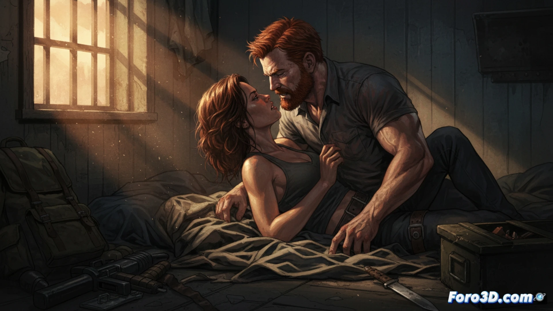 Primer plano de Abraham y Rosita en un abrazo tenso, con miradas intensas y gestos de controversia; fondo oscuro de un vagón de tren abandonado.