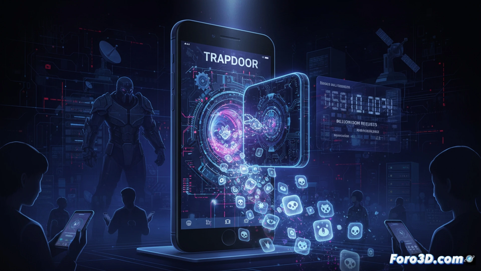 android smartphone cross-section showing hidden malicious code execution, glowing red data streams flowing from infected apps into ad servers, fake user touch gestures displayed as transparent ghost hands tapping screens, 455 app icons arranged in a grid below with red warning indicators, server racks in background processing 659 million fake ad requests per day, technical illustration style, dark blue and red color scheme, glowing network lines connecting devices to servers, photorealistic engineering visualization, dramatic overhead lighting, detailed circuit board textures, malware signature patterns visible as floating digital particles
