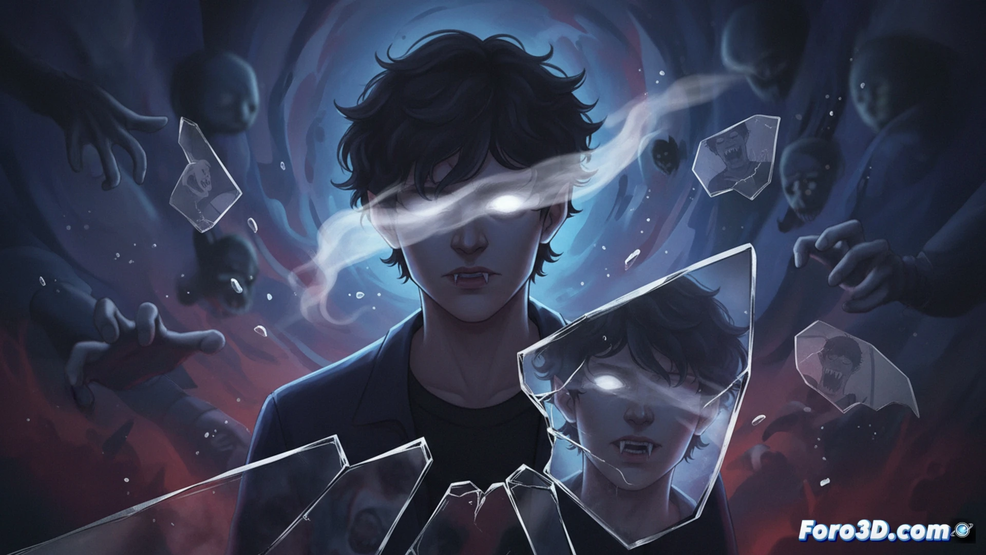 Viñeta abstracta de manga con rostro difuminado y fondo oscuro, atmósfera vampírica juvenil.