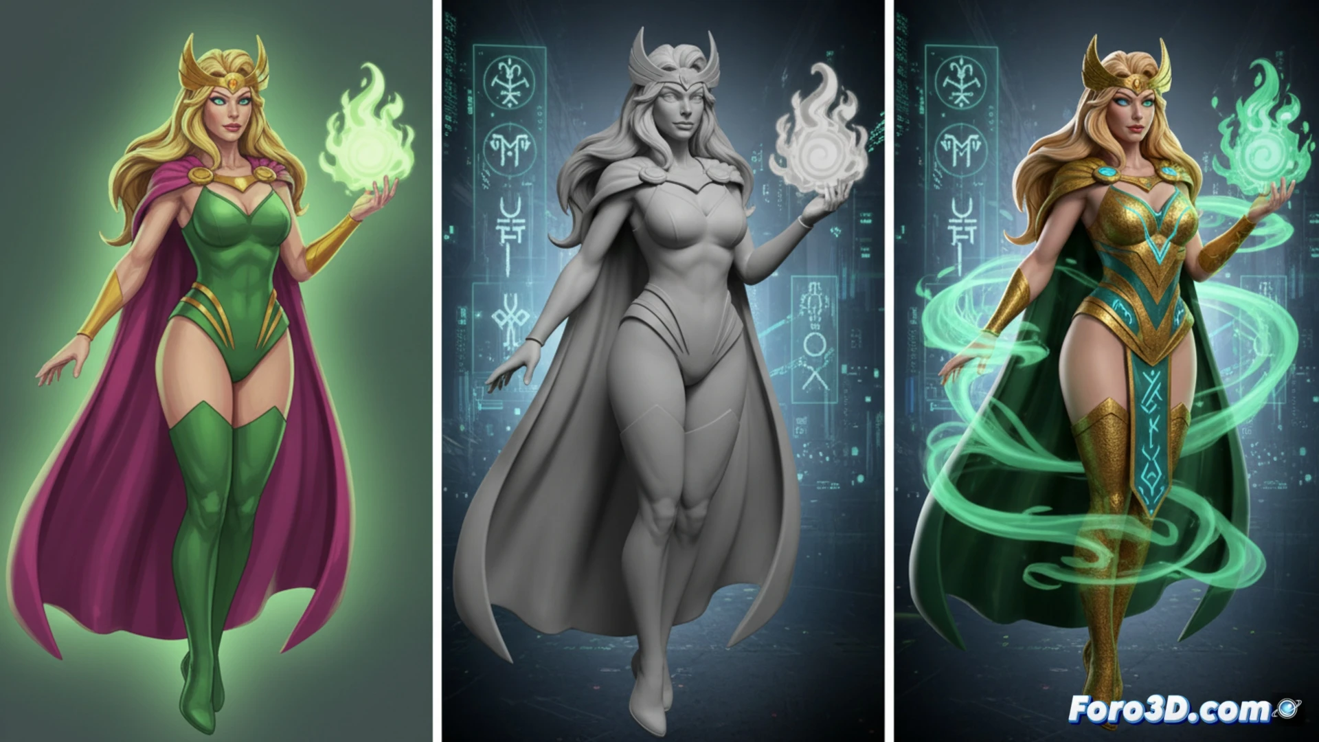 Modelado 3D de Amora, la Encantadora Marvel, con texturas de seda y magia asgardiana en arte digital.