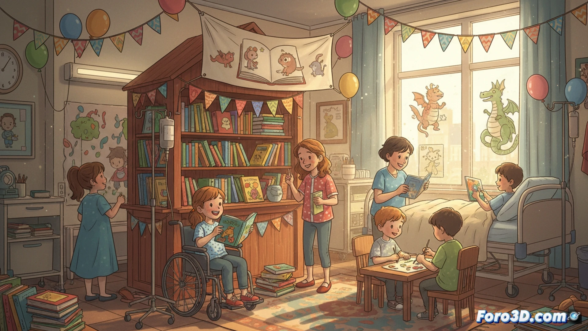 Hospital room transformed into a colorful book fair, children in beds holding open picture books while a costumed storyteller performs with animated gestures, medical equipment visible but softened by warm lighting, bookshelves on wheels filled with children's literature, nurses smiling while arranging activity tables, a child laughing while pointing at a pop-up book, cinematic photorealistic style, soft natural light from window mixing with warm indoor lamps, joyful atmosphere contrasting with clinical setting, ultra-detailed textures of books and fabrics, emotional human connection emphasized, shallow depth of field focusing on a child's delighted face