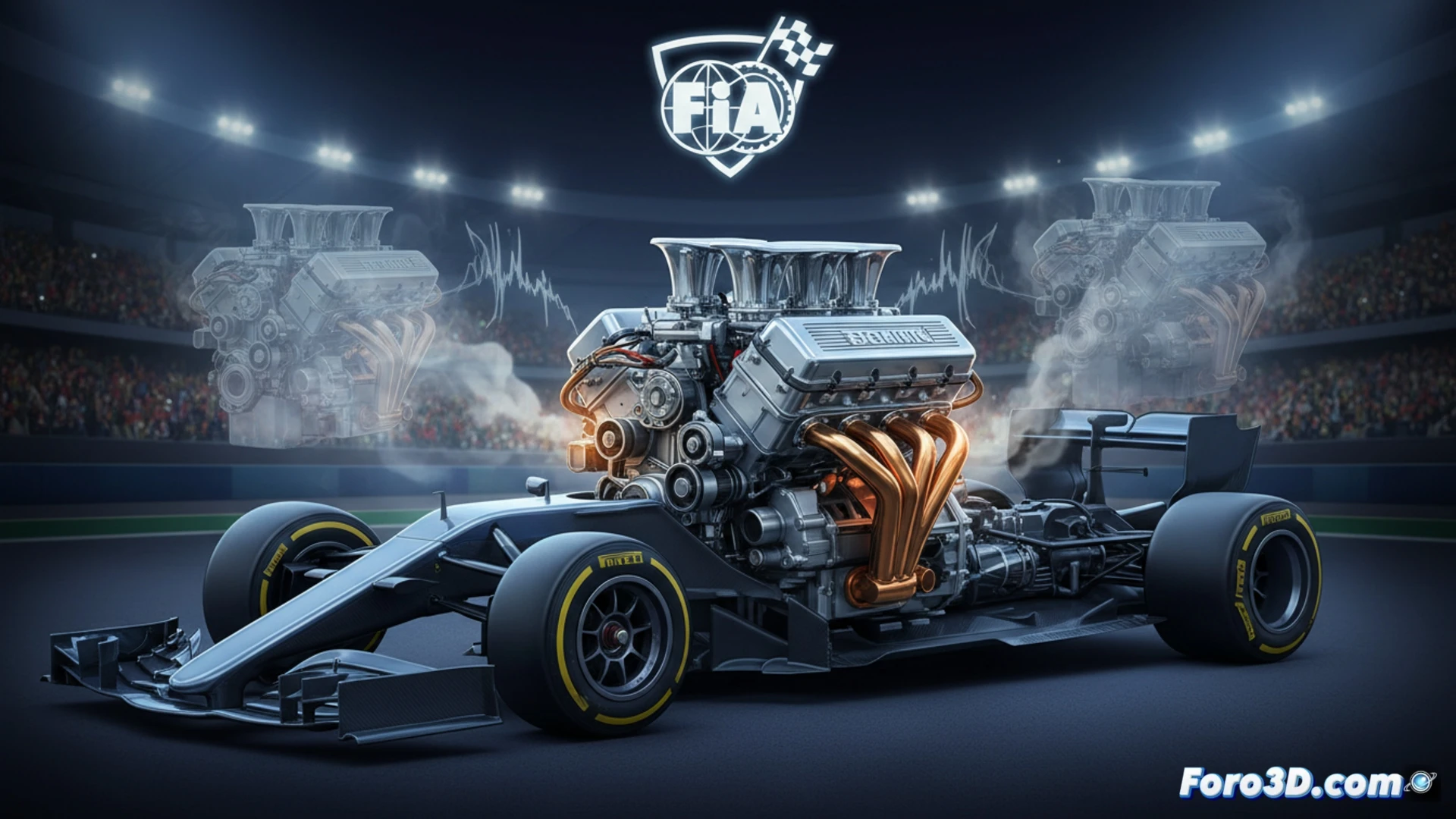 Un F1 rojo con motor V8 rugiendo en pista, humo y banderas, evocando la era de Alonso.
