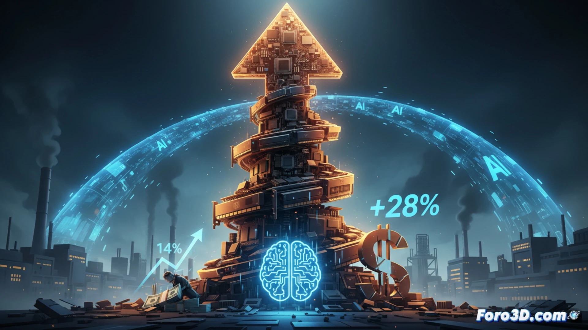 Photorealistic engineering visualization of a server motherboard overheating, glowing red-hot GPU and CPU chips, price tags with upward arrows attached to RAM modules and processors, shipping containers labeled with AI logos stacking near a rising graph line, smoke rising from a circuit board while robotic arms assemble components, dramatic red and blue industrial lighting, ultra-detailed microchips, capacitors, and copper wiring, chaotic data cables tangling, cinematic depth of field, intense heat distortion effect, technical illustration style