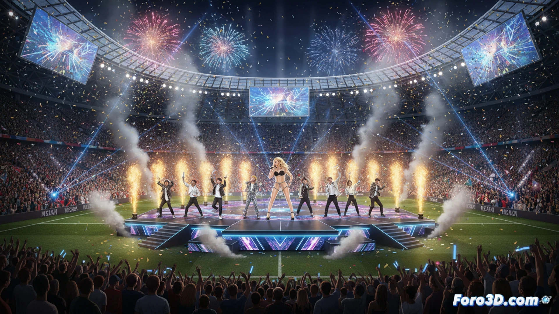 Un estadio iluminado con un escenario central; Shakira, Madonna y BTS actúan ante un balón de fútbol gigante y banderas.