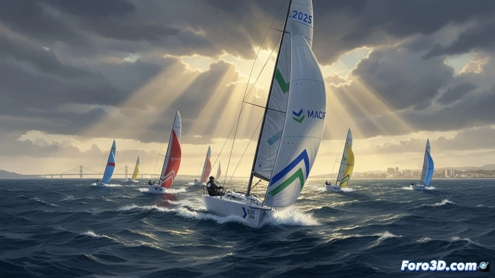single-handed sailboat Macif 2025 cutting through rough Atlantic swell near Galician coast, skipper Hugo Dhallenne at helm trimming mainsail under overcast sky, bow plunging into white spray, wind instruments on mast spinning rapidly, navigation screen showing shifting leaderboard data, anticyclone clouds forming on horizon, photorealistic cinematic ocean racing scene, dramatic stormy lighting, metallic hull reflecting grey sea, mainsail luffing with tension lines visible, motion blur on wake, technical sailing action during high-pressure weather transition