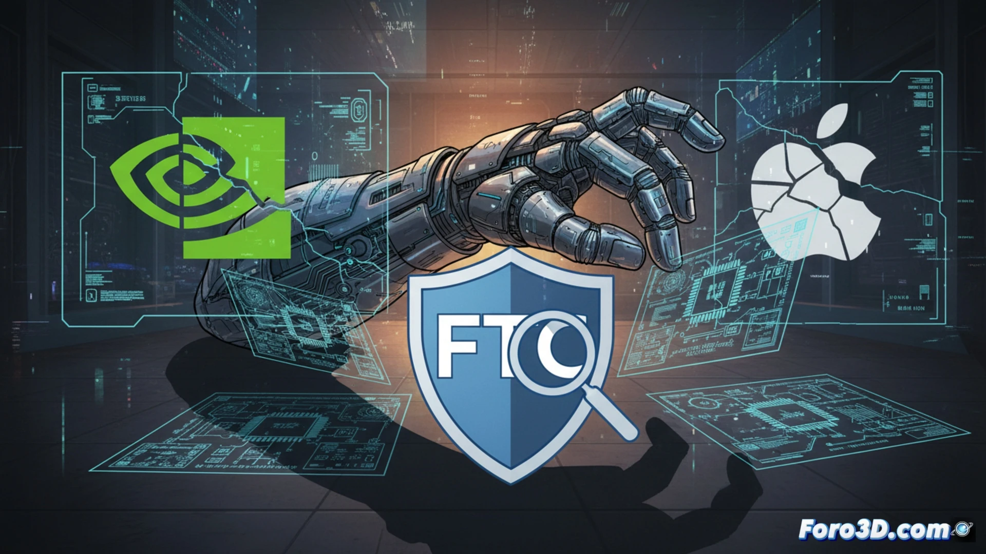 Close-up of a semiconductor fabrication clean room, a robotic arm holding a glowing microprocessor die while a magnifying glass with a red laser beam inspects its circuit pathways, a chain-link fence with a government seal symbol appearing over the chip, surrounding blueprints of CPU architectures being torn or blocked by a digital lock icon, cinematic technical illustration, photorealistic metallic surfaces, dramatic blue and amber lighting, microscopic detail on silicon wafer, high-contrast engineering visualization