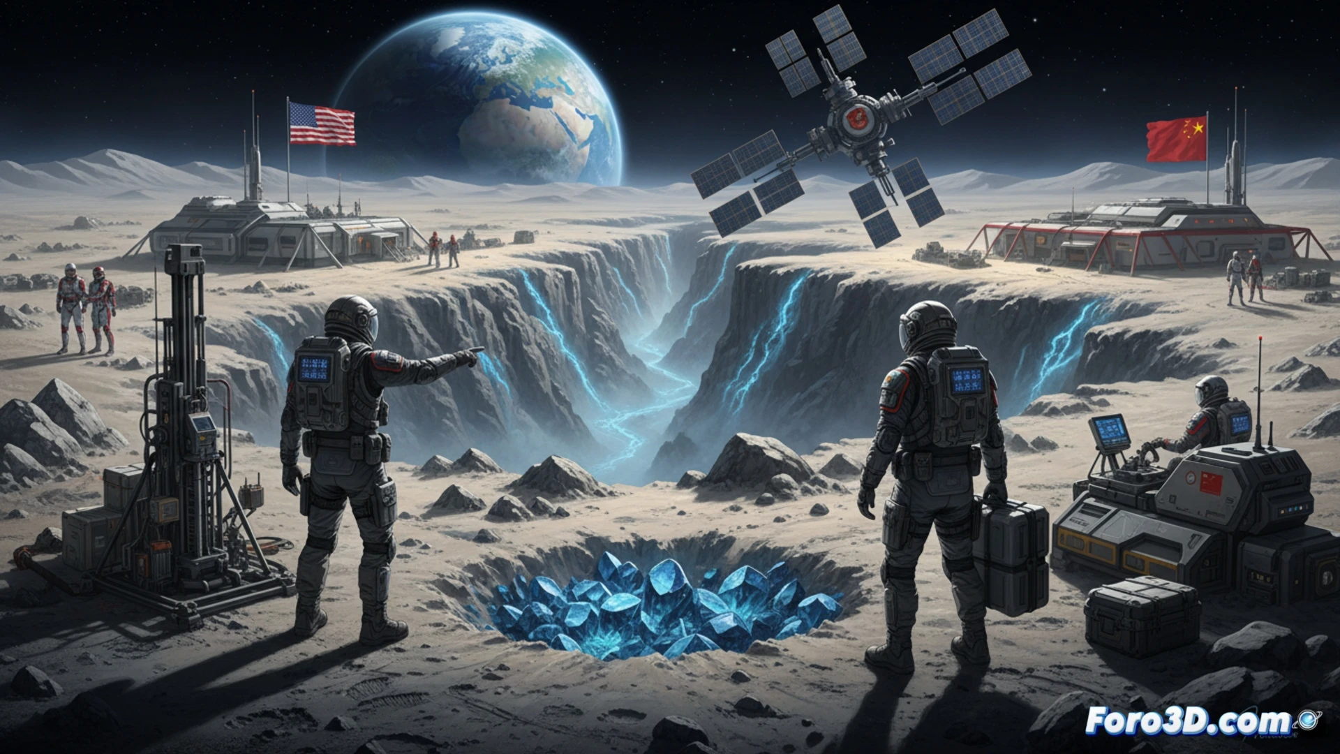 astronautas militares estadounidenses en la superficie lunar, instalando un módulo de comunicaciones táctico con paneles solares desplegables, mientras un vehículo rover chino se aproxima en el horizonte, huellas de botas y marcas de orugas en el regolito gris, herramientas de excavación y antenas de radar visibles, trajes espaciales con insignias de la Fuerza Espacial, polvo lunar levantado por el movimiento, iluminación solar dura y sombras profundas, estilo cinematográfico fotorrealista, texturas metálicas y de superficie detalladas, atmósfera de tensión geopolítica en el espacio