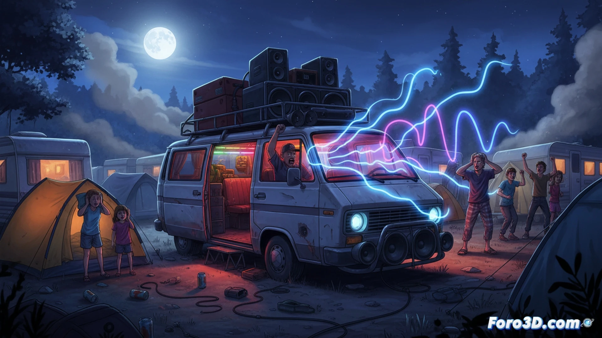 camping scene at sunset, silver van parked next to a tent, red decibel meter display showing 85 dB on a folding table, laptop waveform software editing a playlist, man sleeping in tent with hands over ears, neon green soundwave lines radiating from van speakers into tent fabric, cinematic technical illustration, glowing audio frequency bars, realistic camping gear, dramatic dusk lighting with blue and orange tones, photorealistic engineering visualization, detailed speaker grilles and tent zippers, motion blur from vibrating air particles