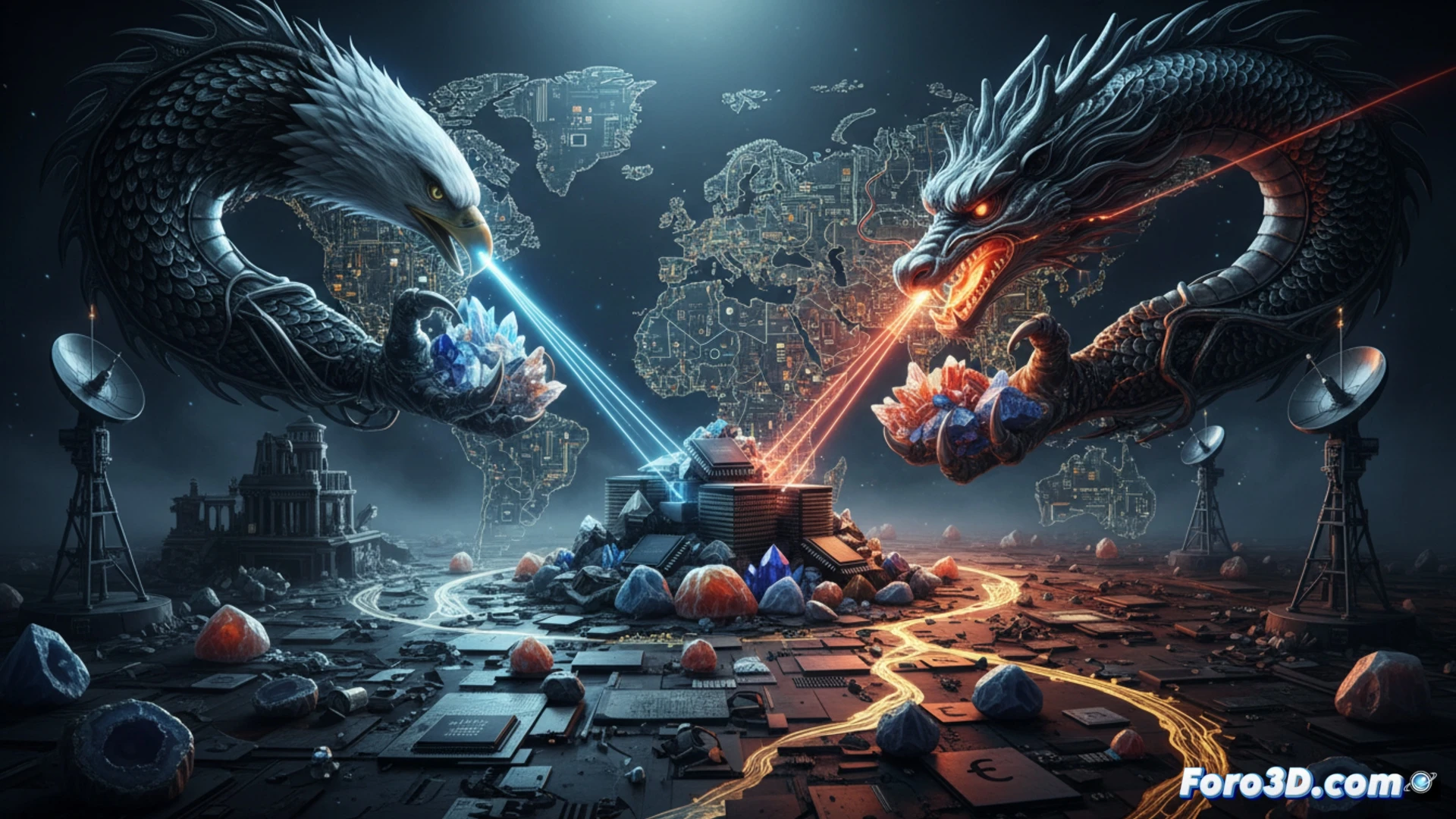 geopolitical chessboard map transformed into circuit board terrain, rare earth mineral crystals glowing inside semiconductor wafers, US dollar coins and yuan coins clashing like battle pieces, robotic arms assembling microchips under laser guidance, Europe fading into grey silhouette while China and USA illuminate in neon blue and red, cinematic technical illustration, dramatic shadows, metallic reflections, photorealistic engineering visualization, high contrast industrial lighting, macro detail on chip circuitry