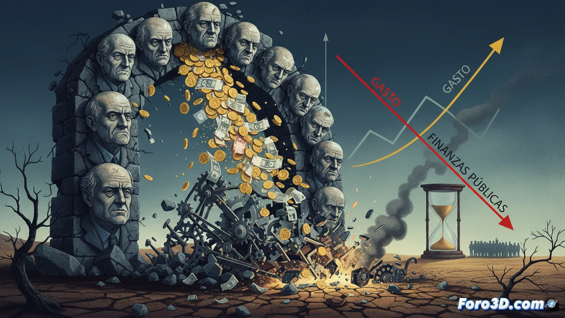 French central bank governor at a podium while a crumbling pyramid of stacked pension documents and medical bills collapses behind him, elderly hands in suits pulling levers marked budget deficit and healthcare cost, red ink spilling across a fiscal chart showing a steep downward slope, photorealistic technical illustration, dramatic overhead lighting casting long shadows on a marble floor, financial data screens flickering with alarm warnings in the background, cinematic composition with shallow depth of field, ultra-detailed textures of paper and leather bindings