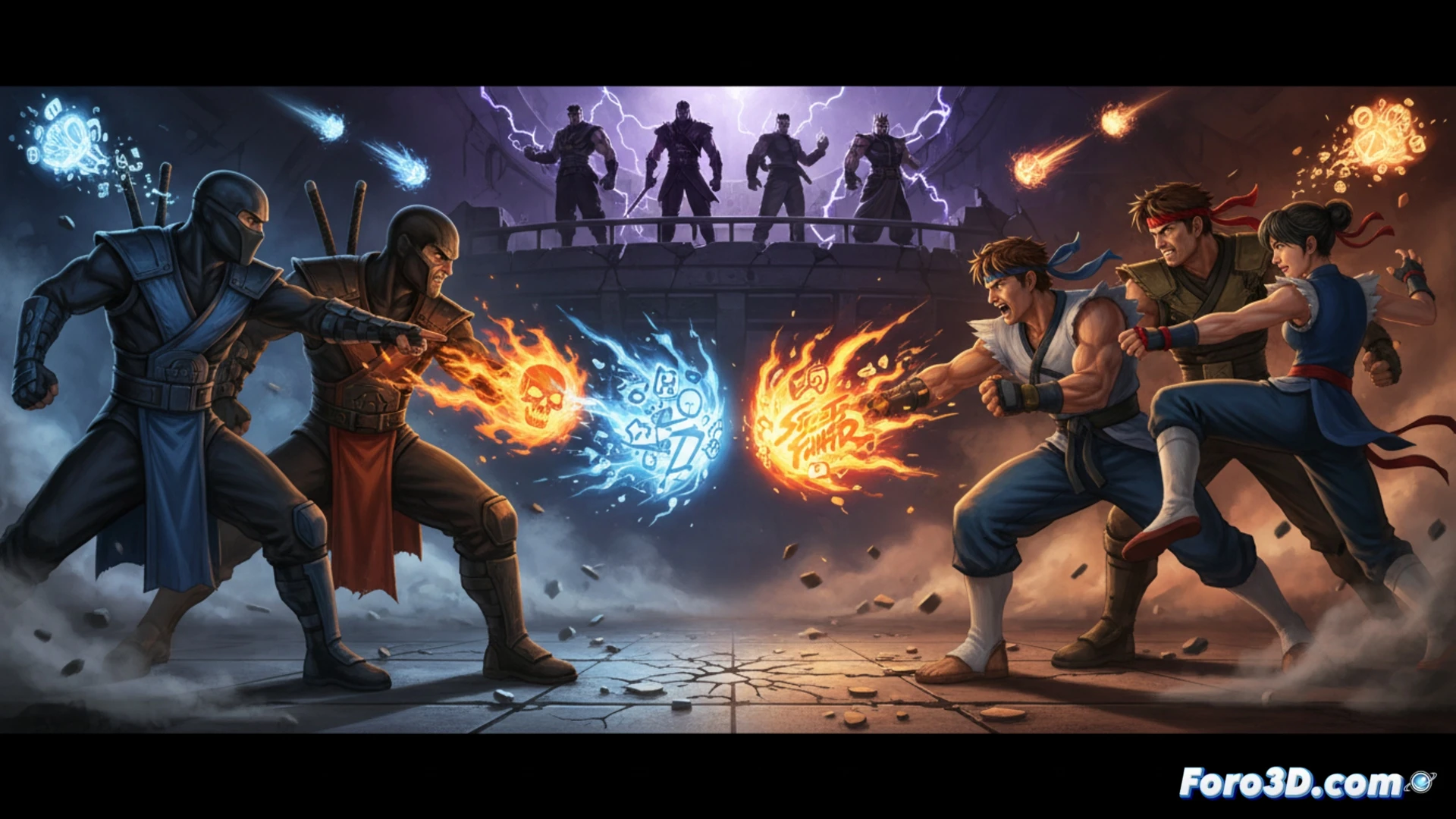 Dos actores de películas de lucha, uno de Mortal Kombat y otro de Street Fighter, se enfrentan con micrófonos como armas, rodeados de explosiones.