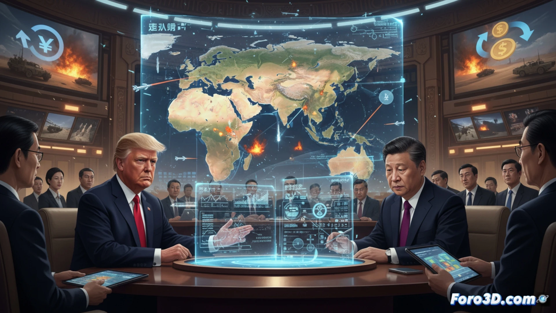 Un mapa de Oriente Medio en llamas sobre la mesa de una cumbre, con Trump y Xi Jinping enfrentados en Pekín.