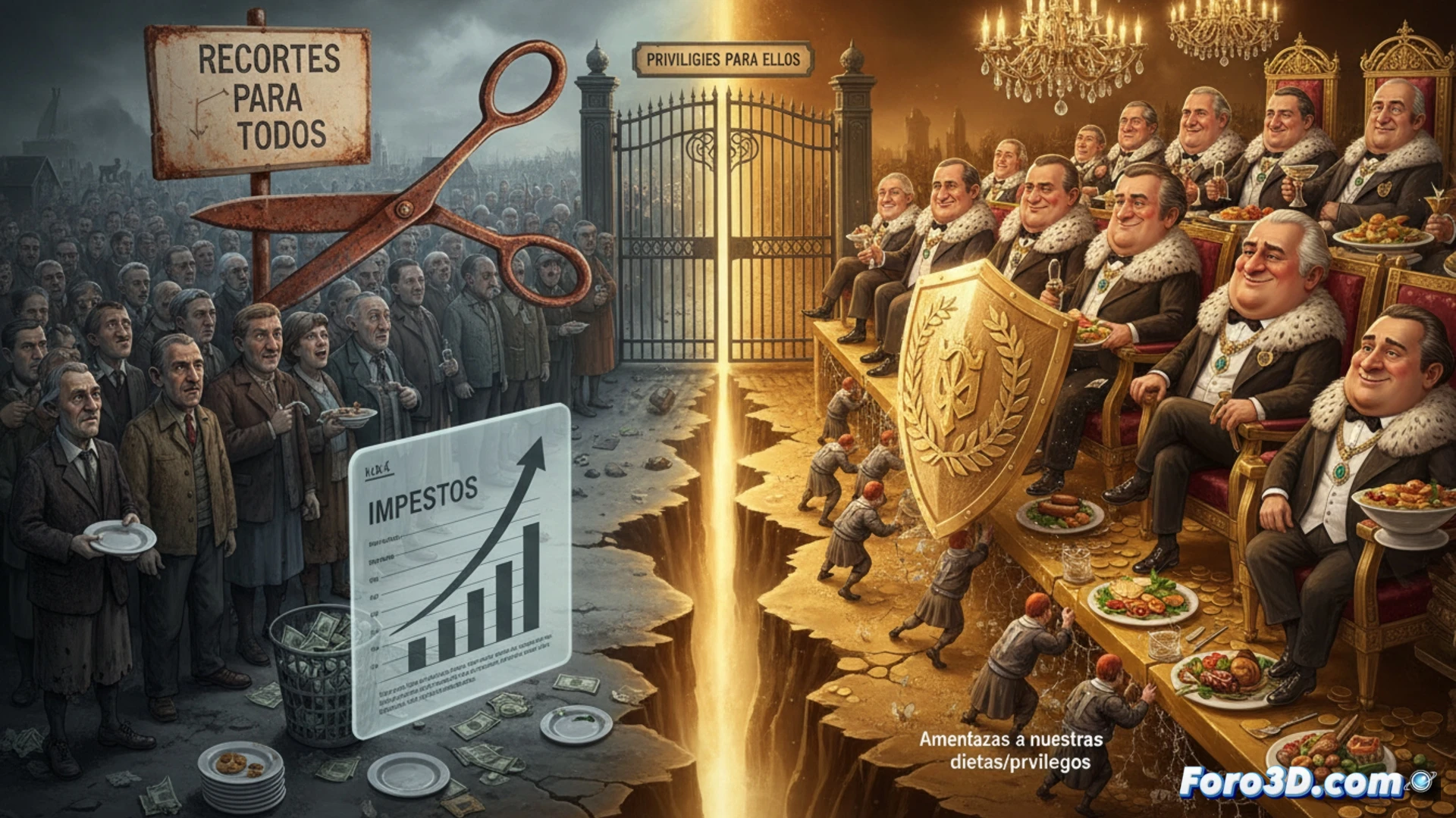 German parliament chamber in crisis mode, politicians in suits scrambling to adjust their own luxury leather seats while cutting public service cables with wire cutters, a massive pair of golden scissors slicing through a glowing budget chart labeled for hospitals and schools, one politician secretly pocketing a silver coin from a broken piggy bank labeled public funds, photorealistic engineering visualization, dramatic chiaroscuro lighting, polished marble floor reflecting fractured light, ultra-detailed textures on leather, metal, and paper, cinematic wide-angle shot showing the stark contrast between privileged inner circle and empty public benches, technical illustration style with exaggerated scale of hypocrisy