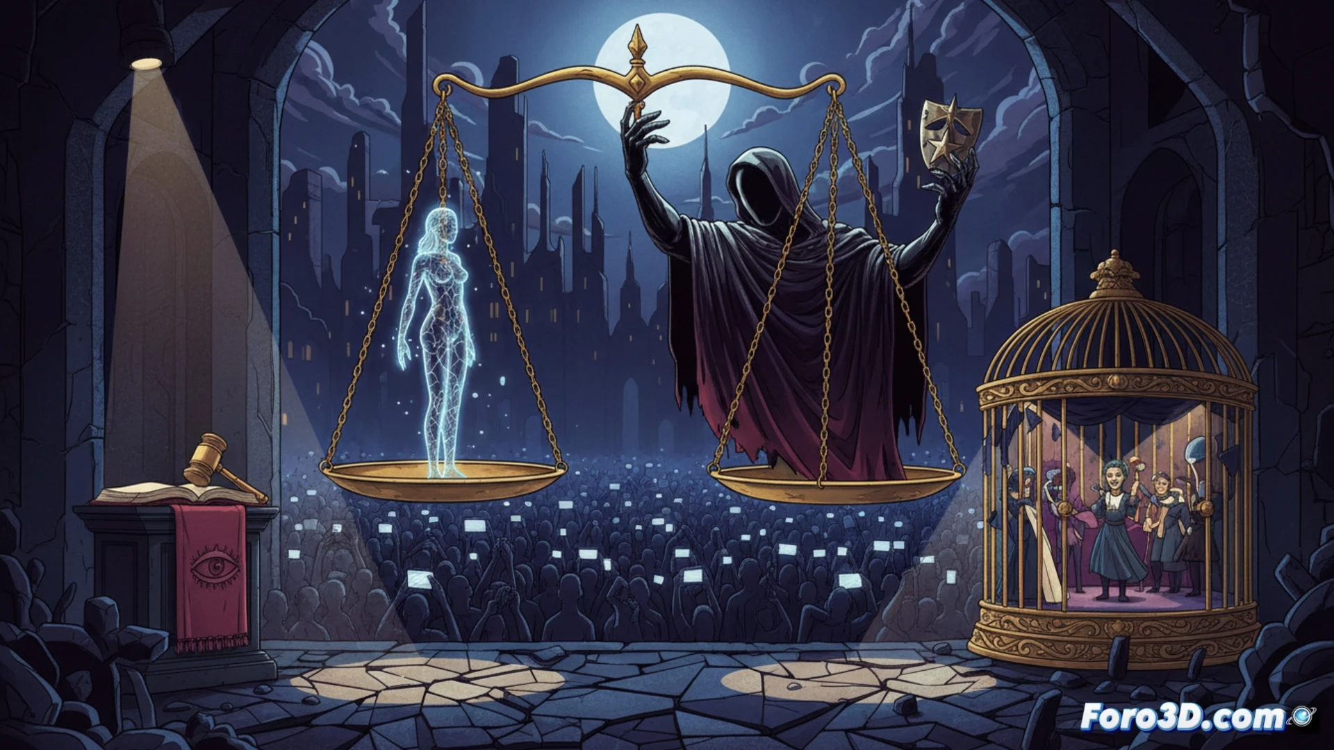 cinematic scene of a courtroom divided, two-faced justice scale tipping unevenly, a woman's testimony projected as a faint hologram being erased by a gavel, while a celebrity silhouette stands behind a blinding media spotlight, jury members holding smartphones instead of evidence, a shattered microphone on the floor, dramatic chiaroscuro lighting, photorealistic technical illustration, legal document fragments floating in air, metallic surfaces reflecting distorted faces, ultra-detailed architectural columns, motion blur on digital screens showing manipulated headlines