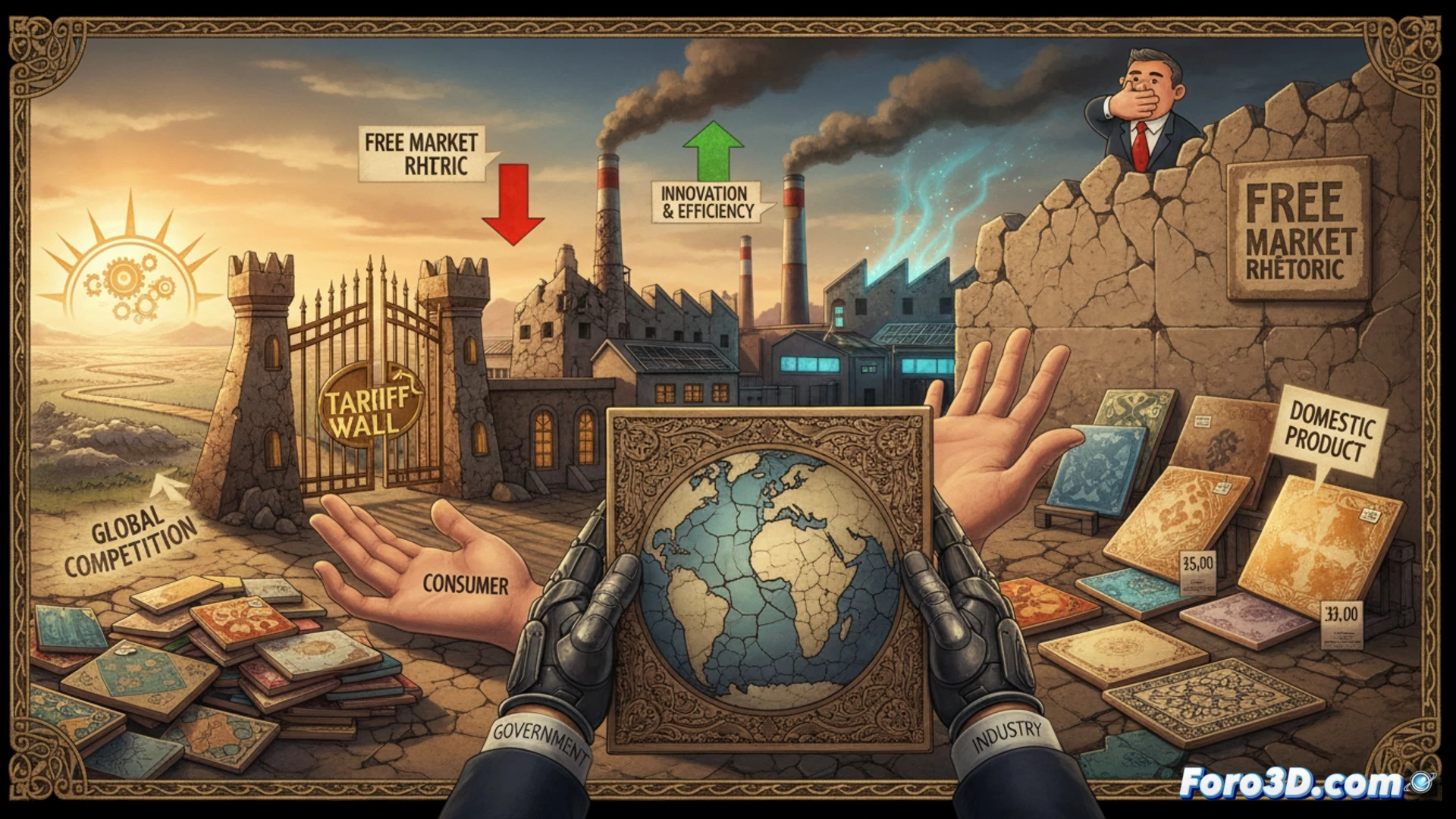 glazed ceramic tiles cracking under pressure of massive stone tariffs, broken pieces shaped like trade barriers, factory robots halted mid-motion with rusted joints, energy-efficient kilns glowing faintly in background while obsolete machinery dominates foreground, photorealistic industrial scene, dramatic overhead lighting casting long shadows, dust particles suspended in air, mechanical arms frozen in failure, cracked conveyor belt, ultra-detailed ceramic textures, cold blue and amber contrast, cinematic technical illustration