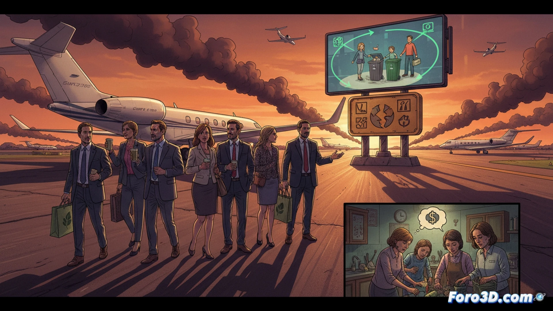 luxury private jet taking off from a small airport runway, exhaust fumes visible in cold air, a recycling bin with crushed plastic bottles sits abandoned on the tarmac, jet engine turbine blades glowing with heat during combustion, fuel vapor trails mixing with smoke, contrast between the polished white fuselage and the neglected recycling symbol, cinematic wide-angle shot, photorealistic environmental documentary style, dramatic overcast sky, metallic reflections on aircraft surface, industrial runway lighting, ultra-detailed engine mechanics, motion blur on spinning turbine, high-contrast shadows emphasizing hypocrisy