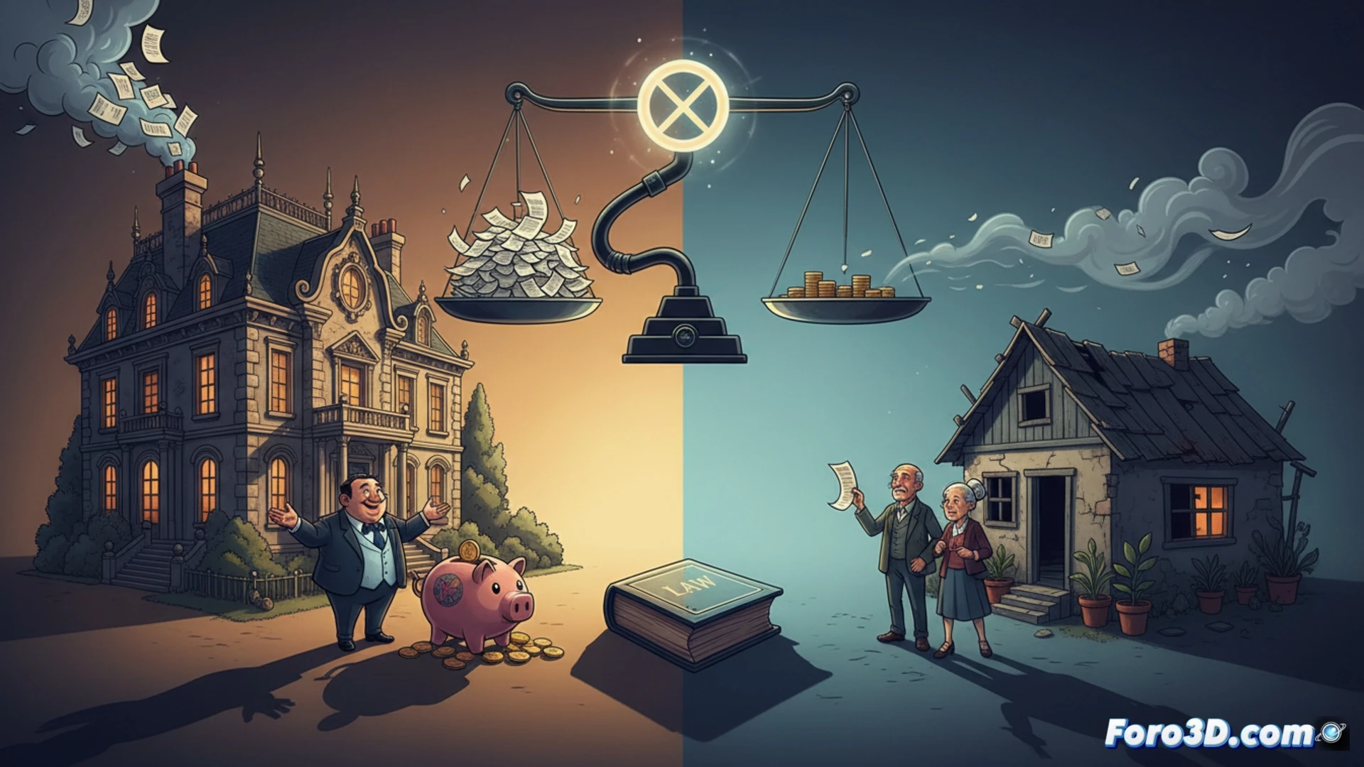 Real estate financial document being stamped with a red DEDUCIBLE seal, while a magnifying glass reveals hidden tax loopholes in fine print, a small owner struggles with a leaking pipe and unpaid bills in the background, contrasted with a corporate landlord counting coins from a luxury apartment renovation, photorealistic technical illustration, dramatic chiaroscuro lighting, detailed paper textures, metallic stamp impression, financial audit atmosphere, cinematic wide shot, high contrast shadows, ultra-detailed fiscal symbolism