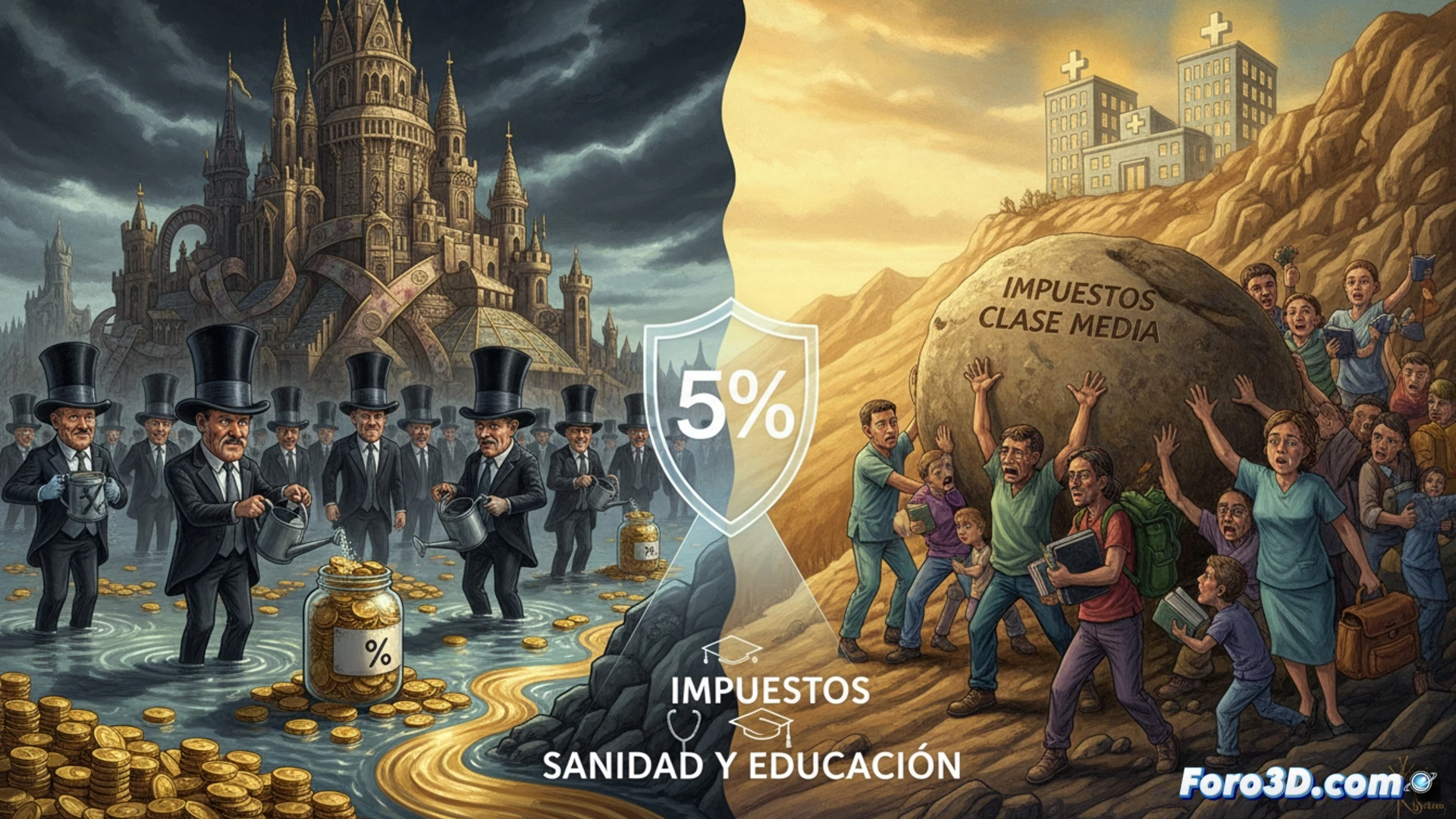 photorealistic cinematic scene of a massive golden treasure chest overflowing with coins and jewels, placed on a cracked and uneven weighing scale, one side of the scale sinking under the weight while a small balanced scale on the opposite side holds a single medicine bottle and a stack of schoolbooks, a magnifying glass hovering above revealing tiny glowing numbers on the treasure chest showing a 5 percent tax rate, dramatic chiaroscuro lighting with shadows stretching across a marble floor, ultra-detailed metallic reflections on the coins, dust particles floating in a beam of light, technical illustration style with realistic textures and deep contrast