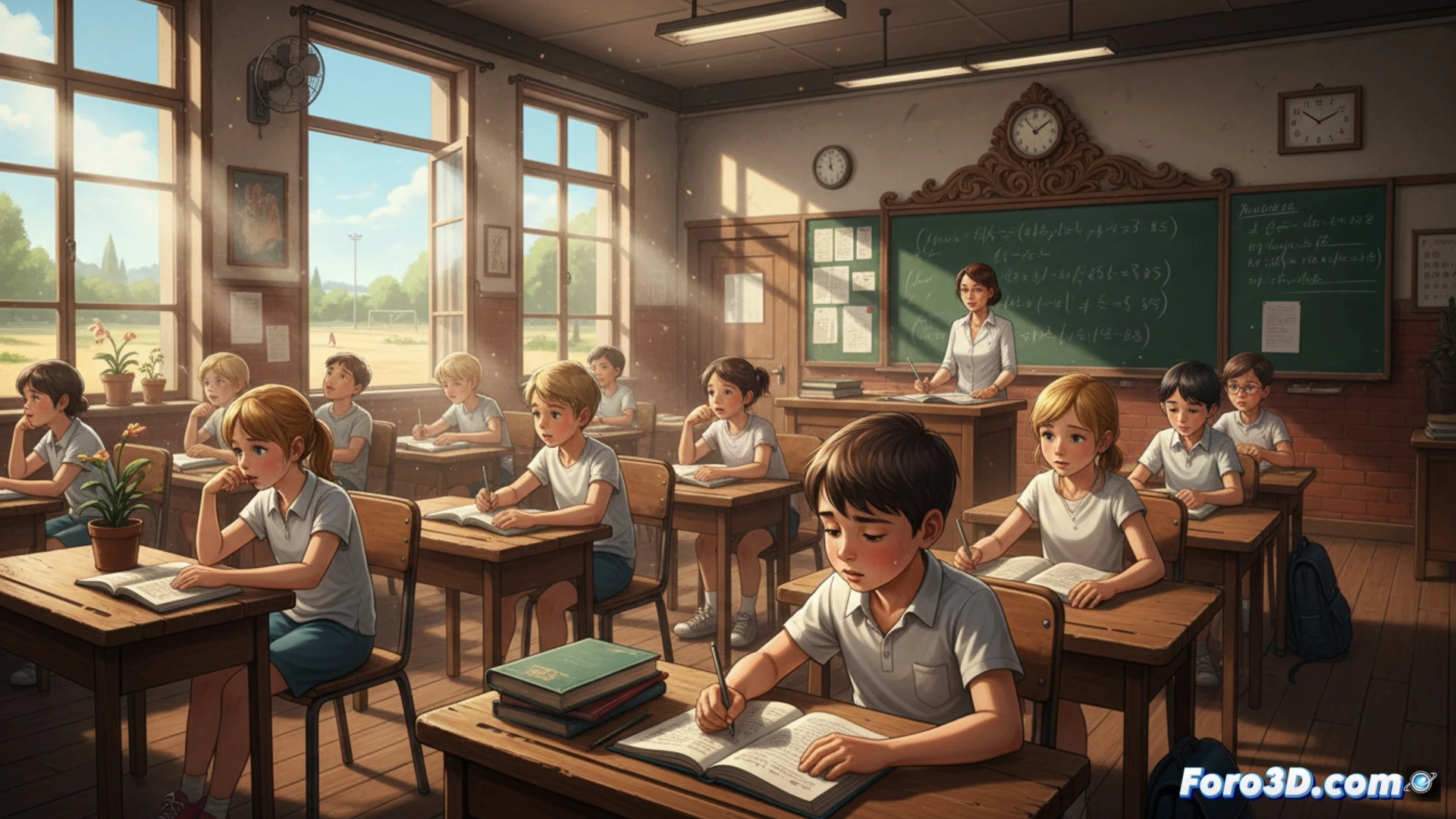 French classroom during heatwave, children sweating at wooden desks while teacher points at blackboard, thermometer on wall showing extreme temperature, broken ceiling fan motionless, windows sealed shut with no shades or ventilation, students fanning themselves with notebooks, teacher wiping forehead, peeling paint on walls from humidity, harsh sunlight streaming through bare glass, no air conditioning visible, dusty chalkboard, worn floor tiles, cinematic photorealistic style, dramatic harsh lighting, shallow depth of field focusing on exhausted faces, oppressive atmosphere, technical architectural detail showing lack of thermal protection