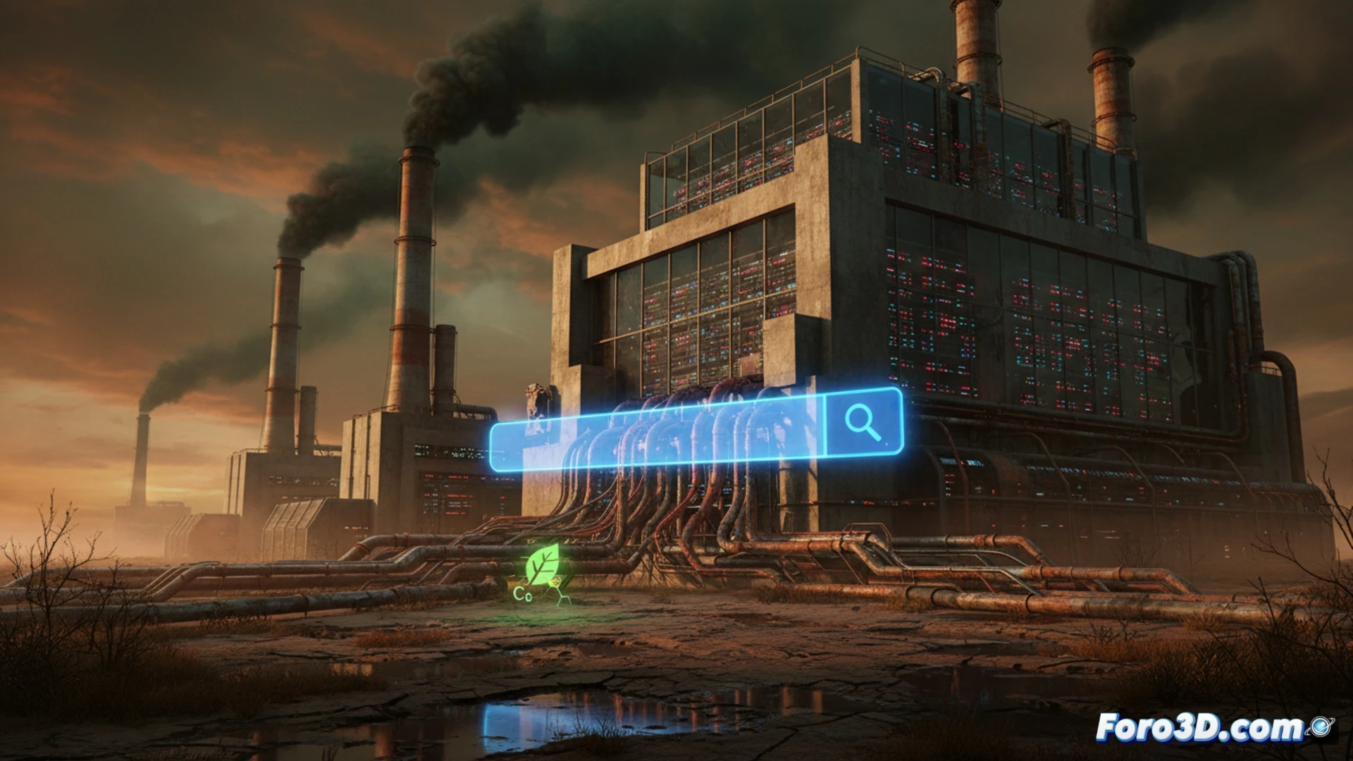 Un plano detallado de un centro de datos lleno de servidores iluminados, con un cursor de búsqueda de Google brillando sobre cables de red. Al fondo, una nube gris de smog y un sutil contorno de huella de carbono digital.