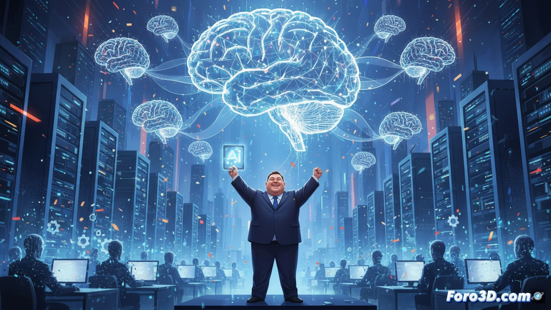 photorealistic scene of a humanoid digital brain being duplicated into multiple identical copies while a manager figure observes from a glass office, glowing neural pathways transferring from original mind to clone units, holographic task lists multiplying in the air, creative tools like stylus and design software screens fading into blank templates, office workers at desks with vacant expressions as their cognitive functions are offloaded to AI terminals, cinematic corporate lighting, cold blue and sterile white color palette, ultra-detailed futuristic workstation hardware, technical engineering visualization, dramatic shadows emphasizing loss of control
