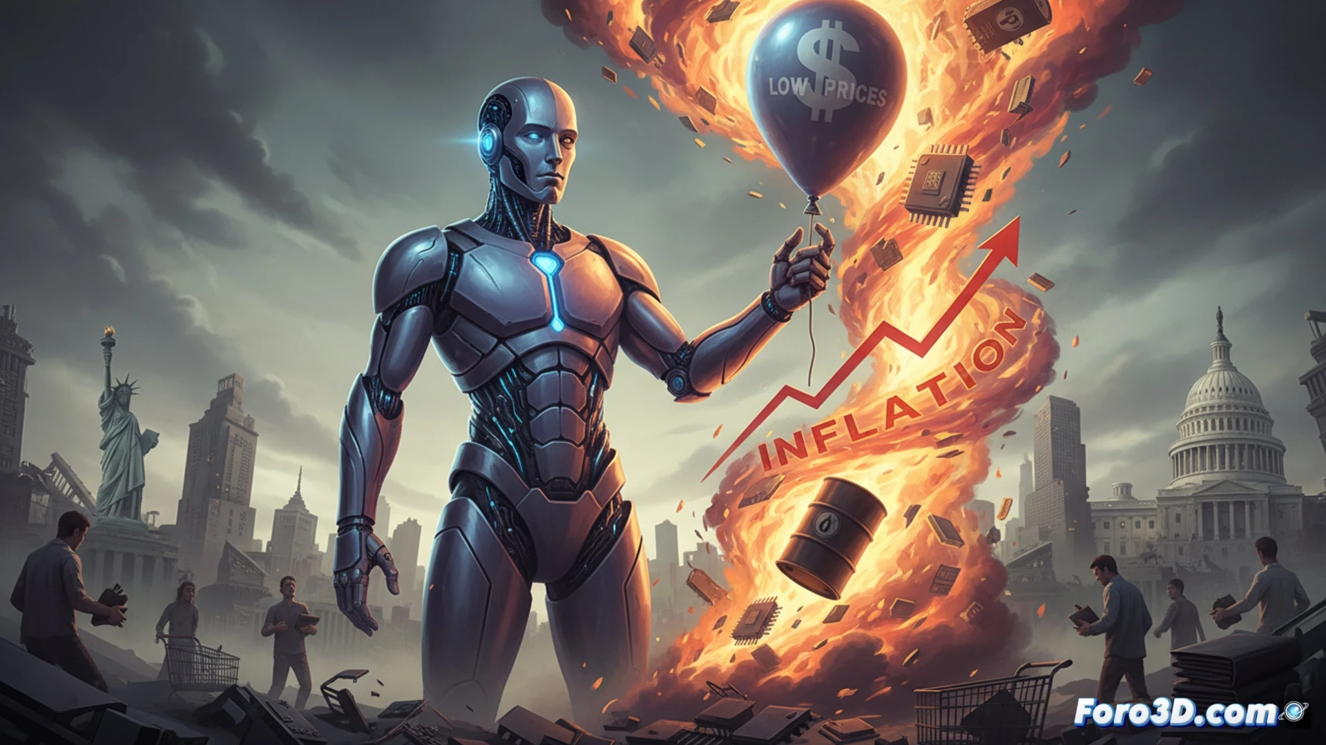 Photorealistic technical illustration of a glowing semiconductor wafer being assembled by robotic arms in a cleanroom, while a holographic dashboard behind shows inflation graphs and oil barrel icons rising, aranceles tariff documents scattered on a metal desk, a smartphone displaying AI price optimization app with red error symbols, dramatic industrial lighting with cool blue and warm amber contrast, ultra-detailed circuit board textures, motion blur on robotic arms during assembly process, cinematic engineering visualization