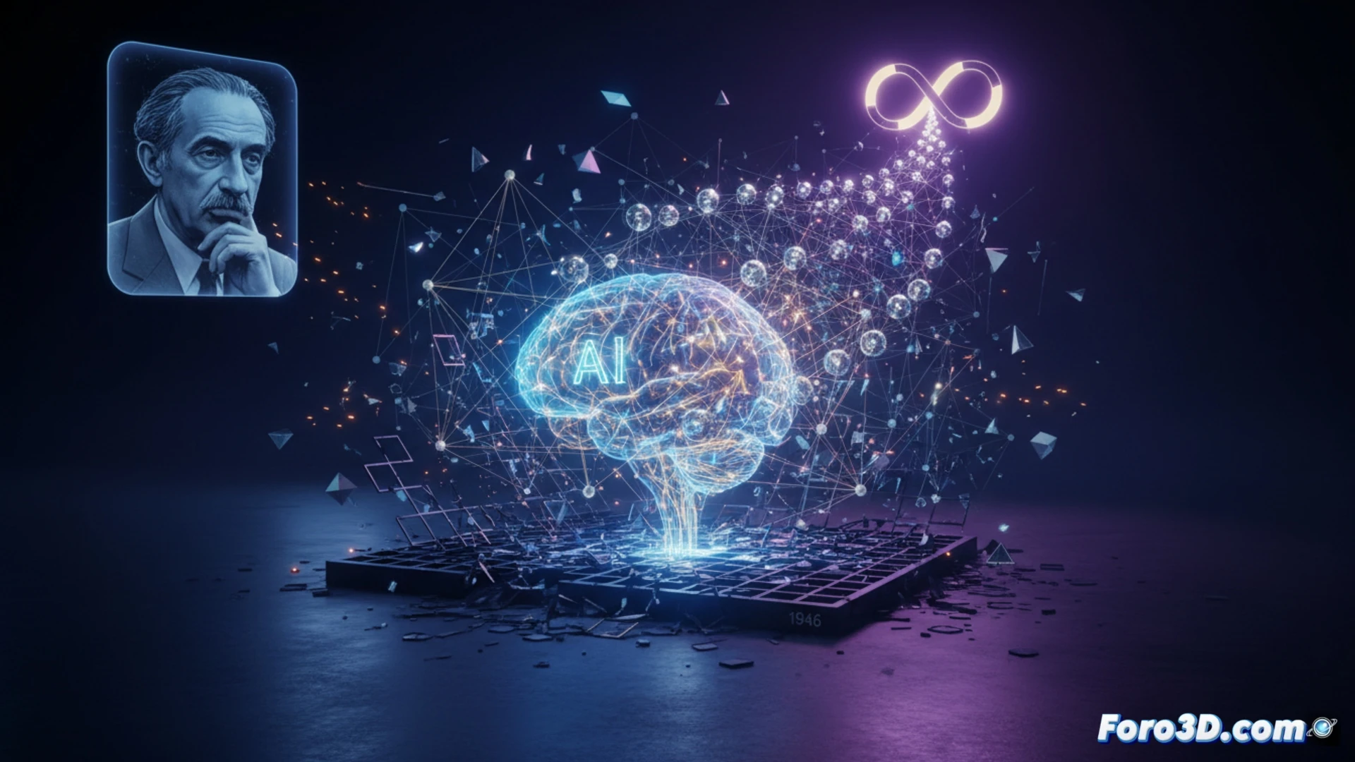 geometric plane filled with scattered glowing points connected by thin unit-length lines, a crystalline lattice structure being disrupted by a swirling neural network overlay, mathematical symbols and grid lines fading into digital code, OpenAI logo hologram floating above a cracked number line, cinematic technical visualization, dark blue and electric cyan color scheme, photorealistic render with volumetric lighting, particle effects tracing distance calculations, ultra-detailed mathematical diagram aesthetic, dramatic shadows highlighting the 80-year breakthrough moment