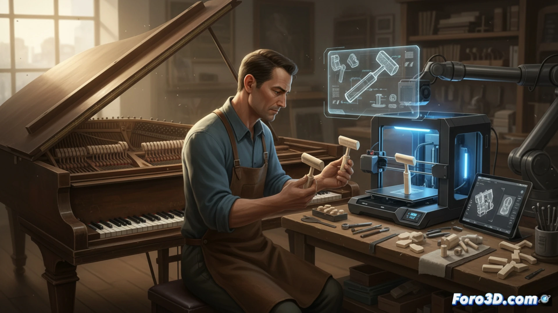 Un afinador sostiene un martillo de piano impreso en 3D junto a un escáner y una impresora, con un piano antiguo de fondo.