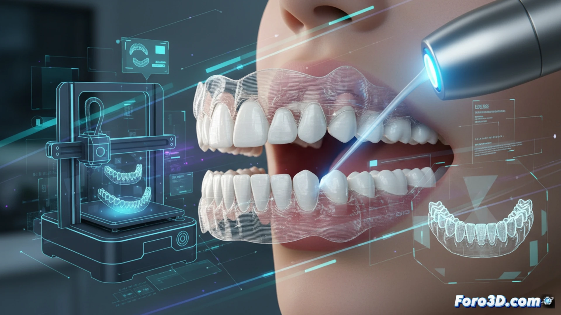 Un escáner intraoral 3D digitaliza una sonrisa, mientras una impresora fabrica alineadores transparentes sin brackets ni alambres metálicos.