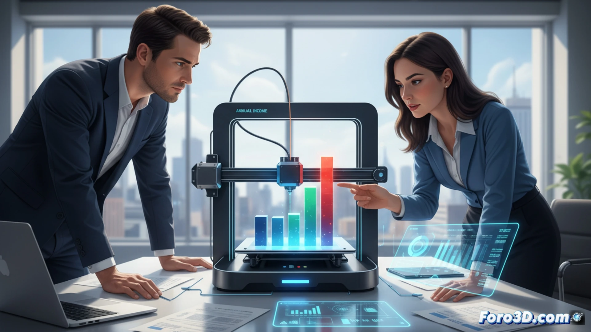 Imagen fotorrealista: sobre un escritorio moderno, un asesor fiscal sostiene un modelo impreso en 3D de un gráfico de barras azul y naranja que representa ingresos mensuales. Frente a él, una pantalla muestra datos fiscales y una impresora 3D en funcionamiento. Iluminación suave de oficina.