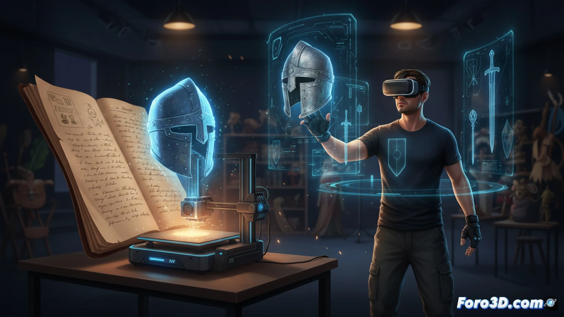 Un actor sostiene una espada impresa en 3D, frente a un fondo de planos digitales y un monitor con su personaje animado.