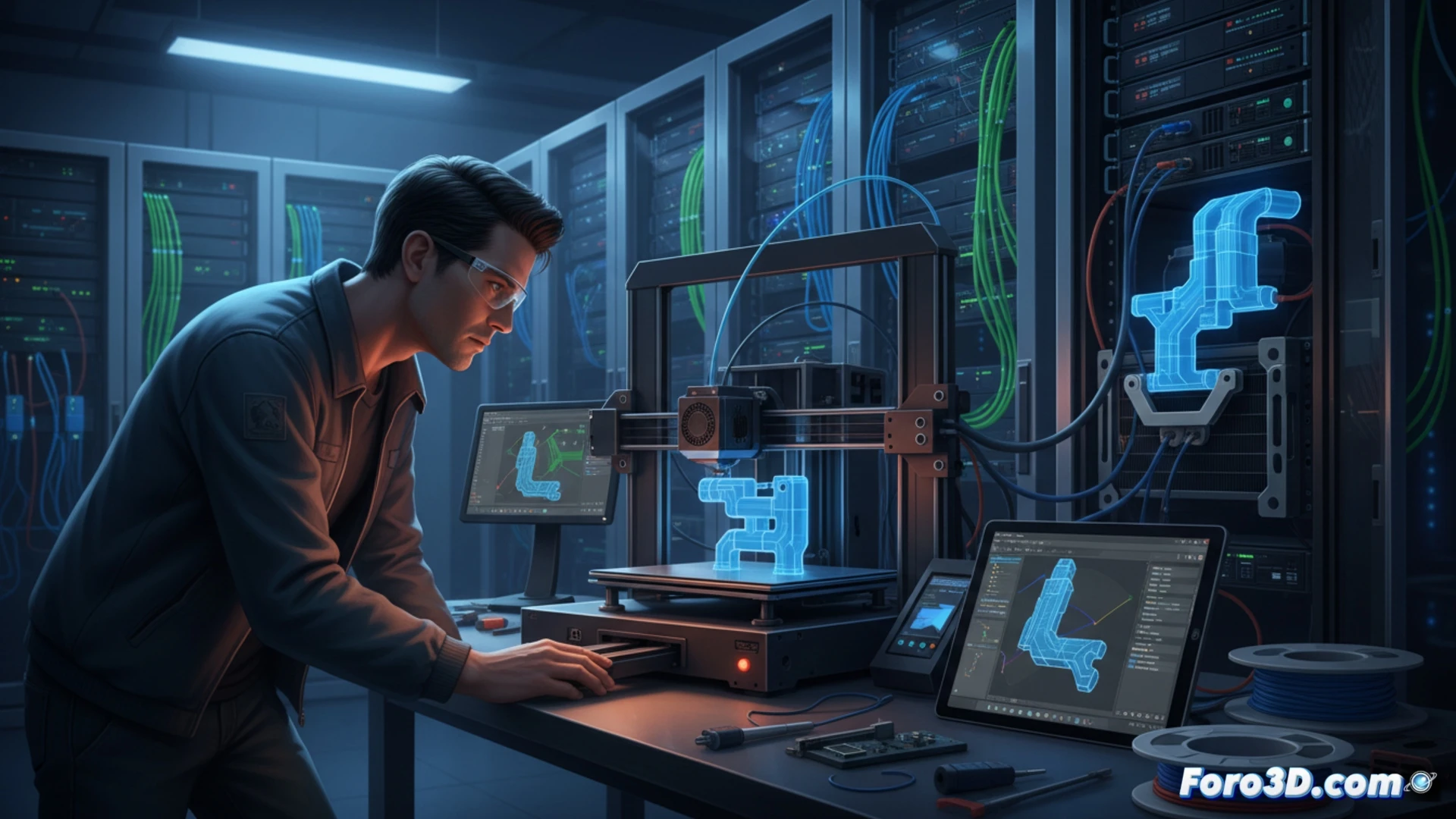 Descripción para imagen: Administrador de sistemas usando impresora 3D para crear soporte personalizado de refrigeración líquida, con servidores y racks al fondo.