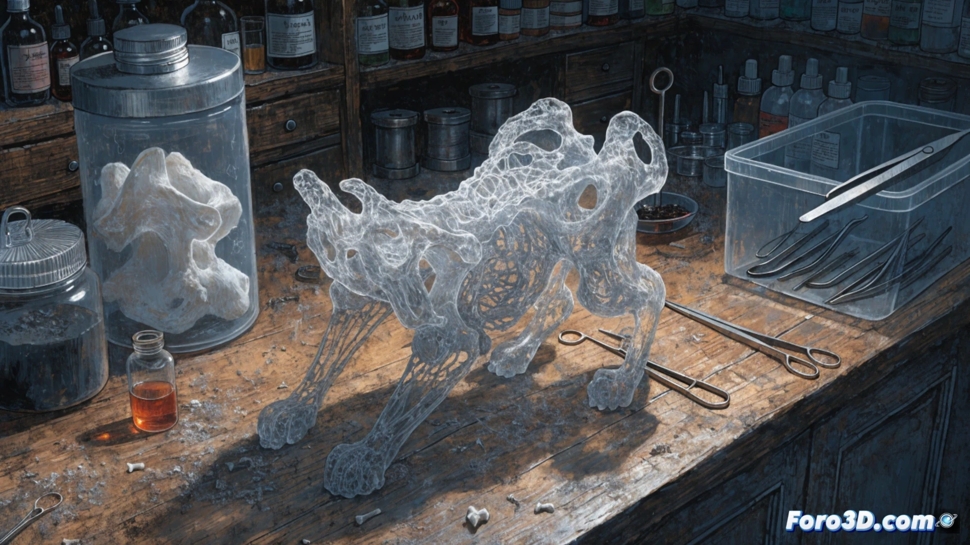 Auxiliar veterinario sostiene réplica 3D de pelvis de gato, junto a monitor con modelo digital y gato real en camilla.