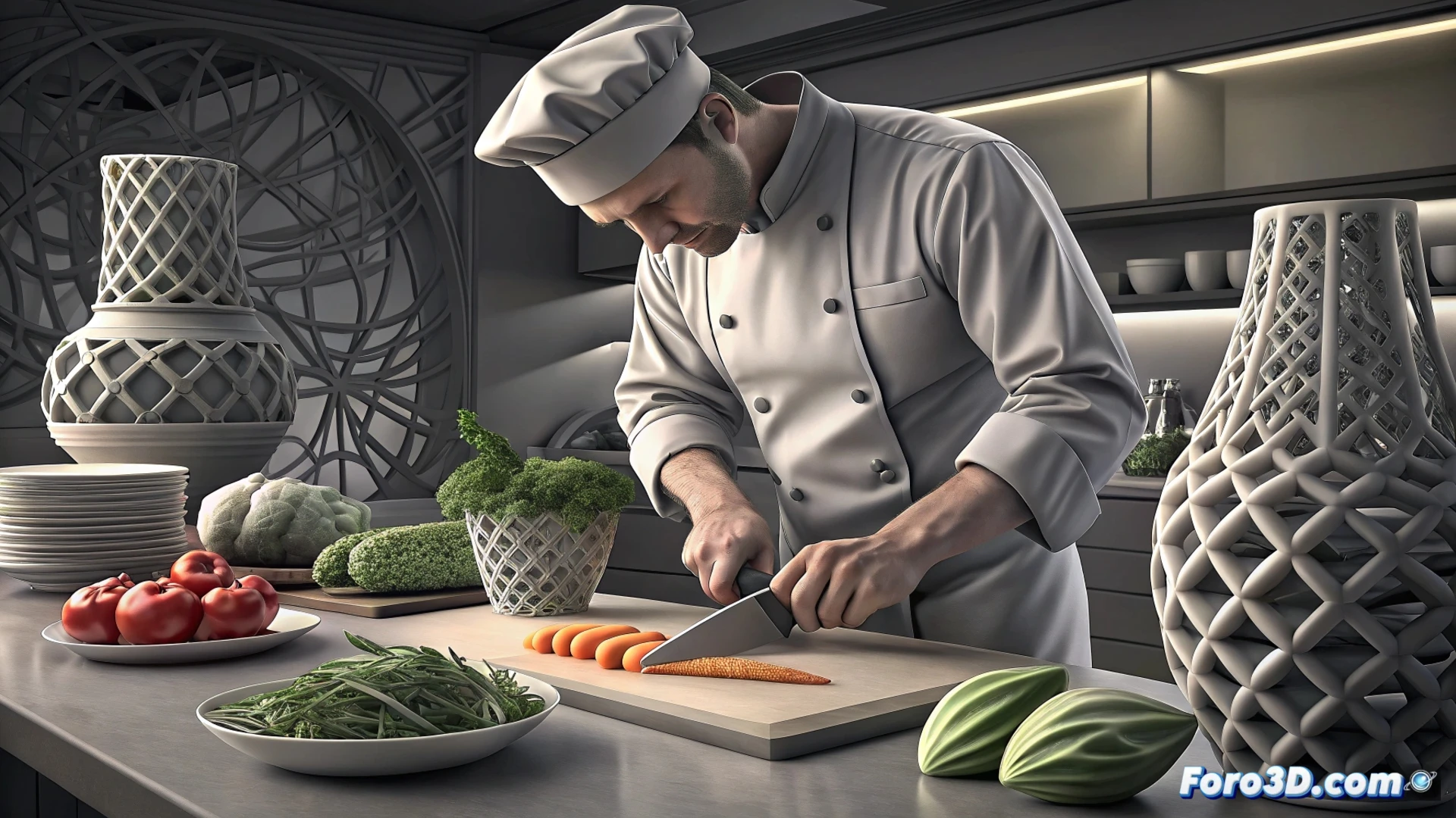 Ayudante de cocina sostiene un molde impreso en 3D mientras corta verduras; herramientas personalizadas sobre la mesa, iluminación cálida.