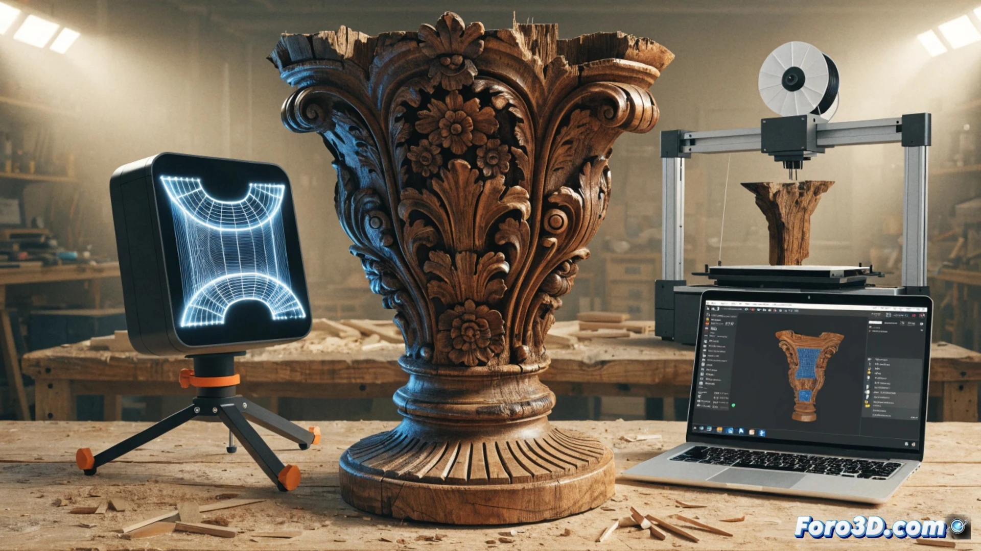 Un artesano sostiene una pieza tallada en madera junto a una impresora 3D que replica una pata rococó, con pantallas de Blender y Cura al fondo.