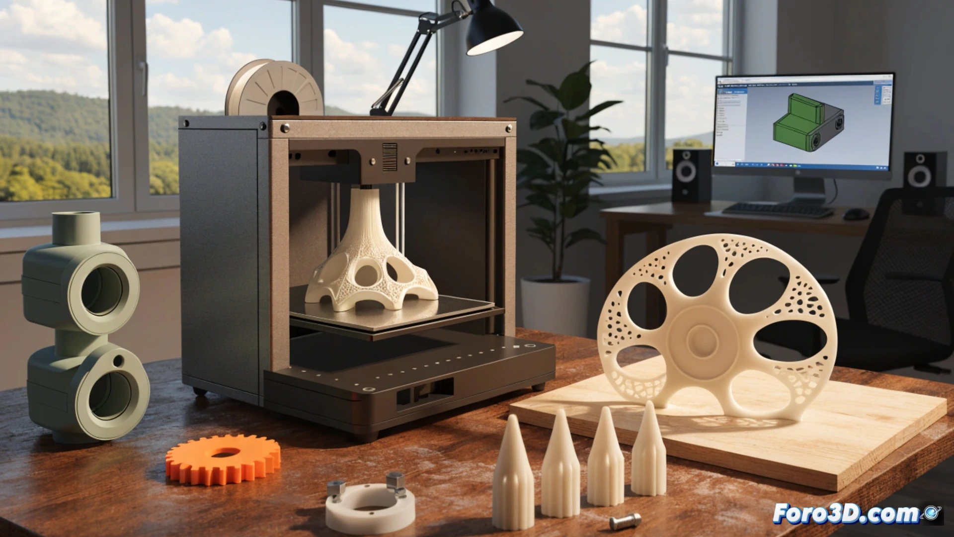 Un agrónomo sostiene una pieza impresa en 3D, un sensor de humedad, junto a una impresora Creality Ender 3 y una laptop con diseño 3D en pantalla.
