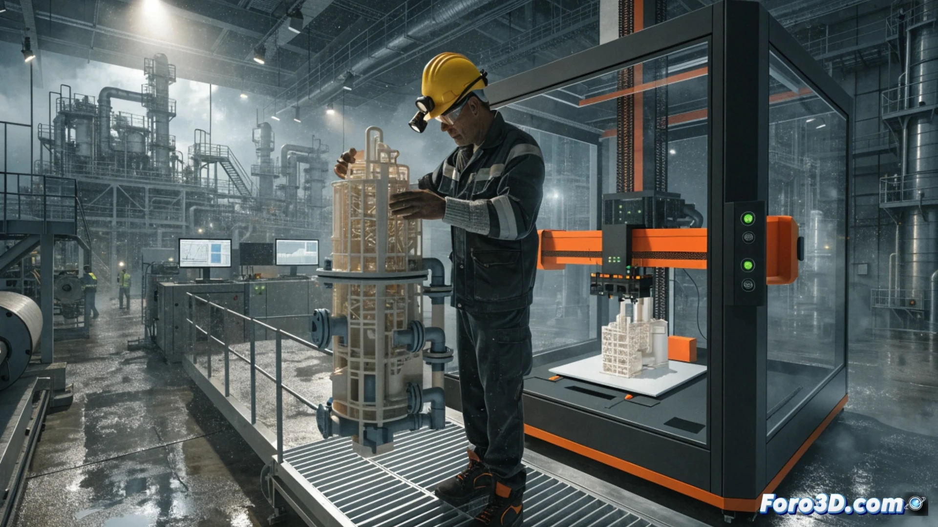 Descripción detallada (80-120 caracteres):  
Operador sostiene réplica 3D de válvula industrial, fondo muestra refinería y piezas impresas en Ultimaker S5.