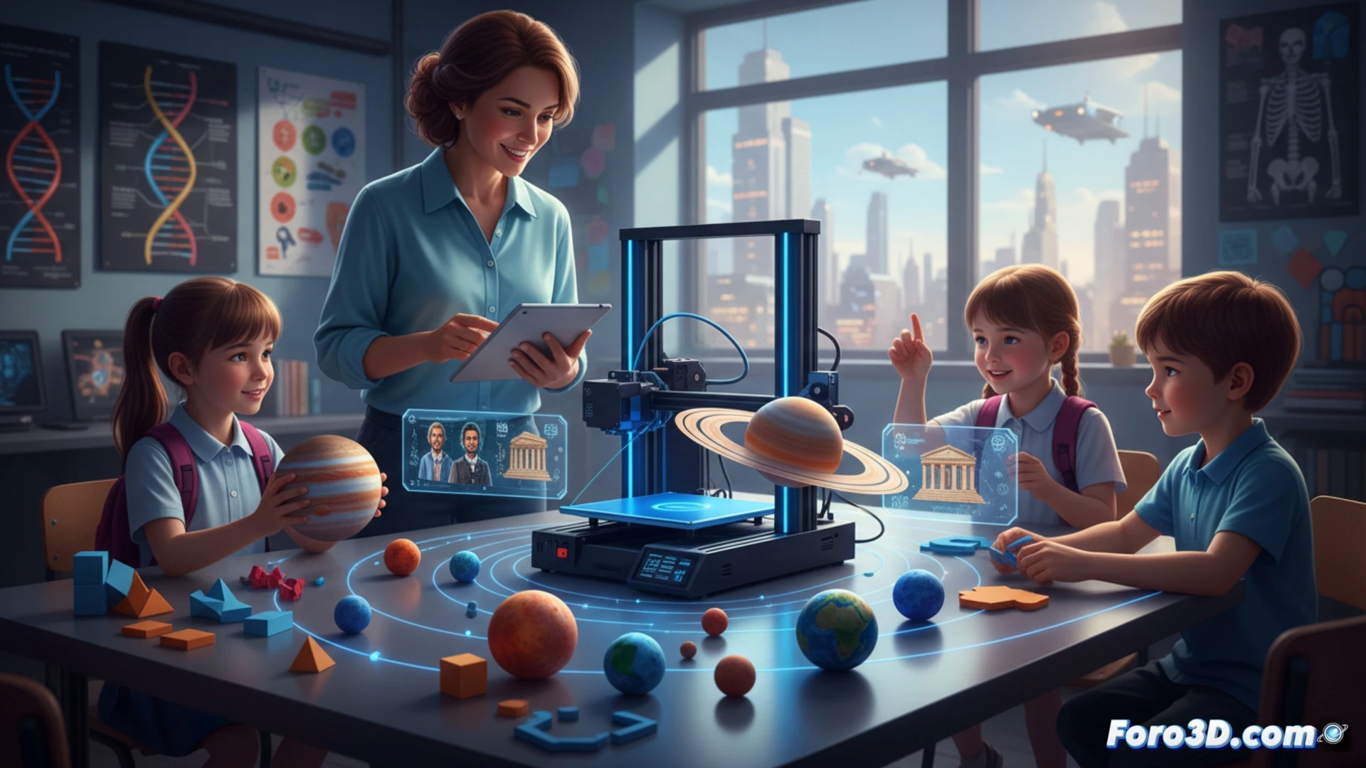 Un pedagogo moderno sostiene una réplica impresa en 3D del sistema solar, mientras un niño de primaria toca con asombro un planeta, en un aula luminosa llena de modelos geométricos y biológicos coloridos.