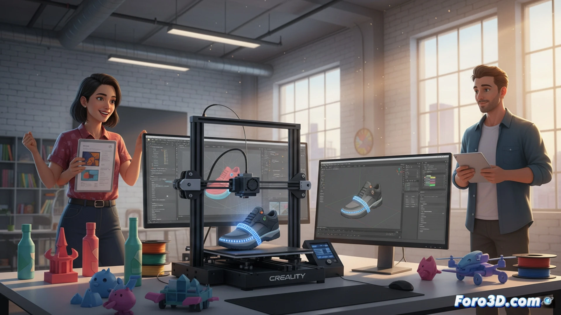 Un publicista sostiene una zapatilla impresa en 3D, iluminada con foco, junto a una laptop abierta con Blender y la impresora Creality Ender 3 al fondo.