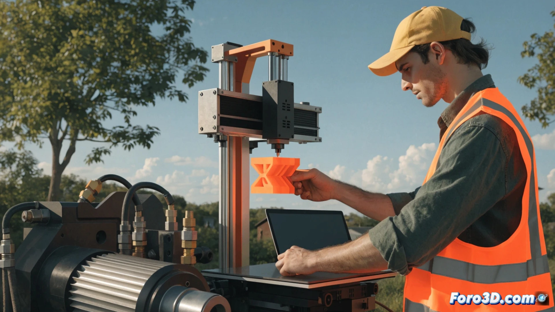 Técnico agropecuario sostiene adaptador de riego impreso en 3D, junto a impresora en fondo rural.