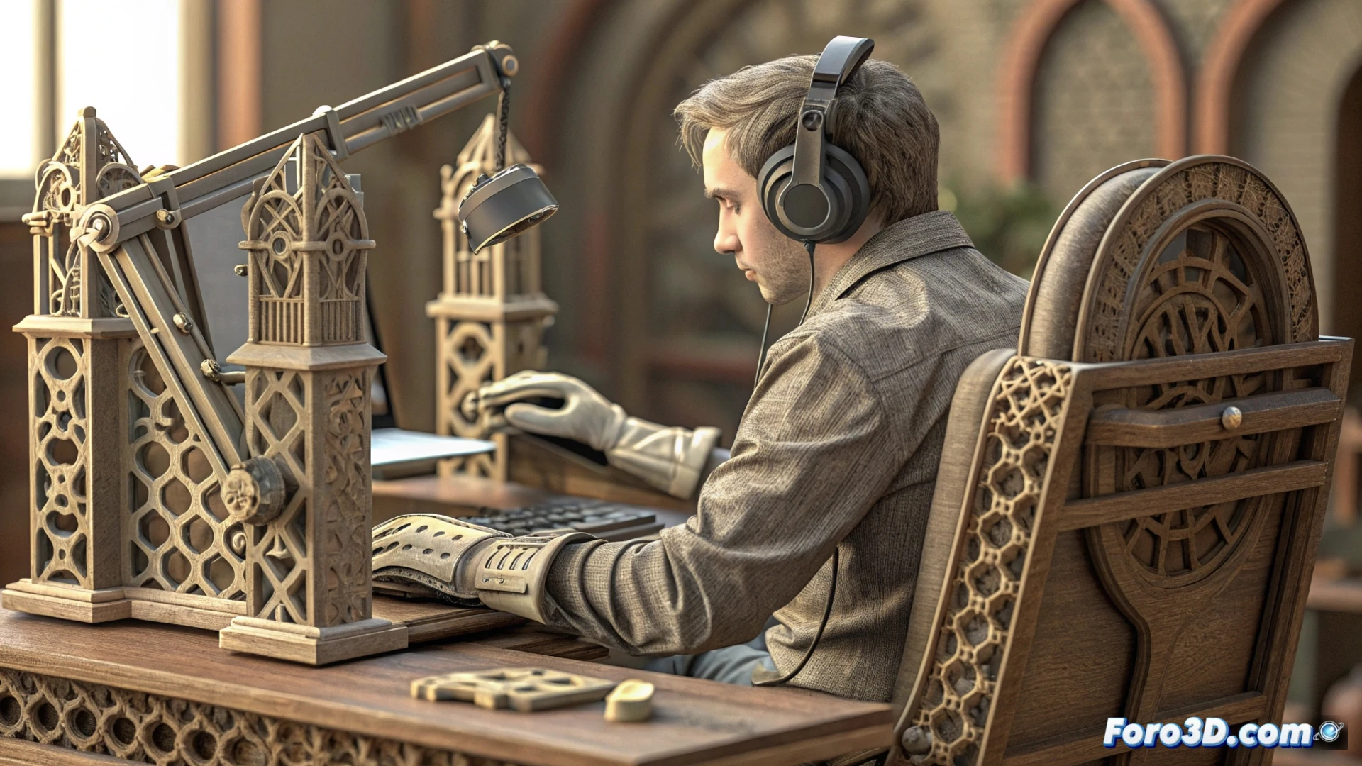 Descripción detallada (80-120 caracteres):  
Un teleoperador sonríe frente a su ordenador, con un soporte de auricular impreso en 3D y un reposamuñecas personalizado, en un espacio de trabajo ergonómico y moderno.