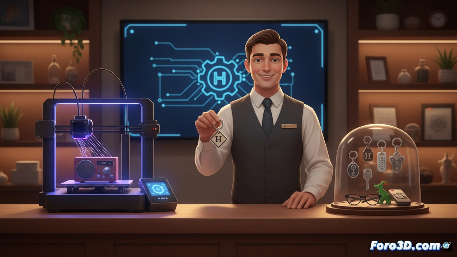 Descripción detallada de la imagen (80-120 caracteres):

Primer plano de un recepcionista sonriente sosteniendo un llavero impreso en 3D, con una impresora tridimensional de fondo sobre la recepción del hotel.