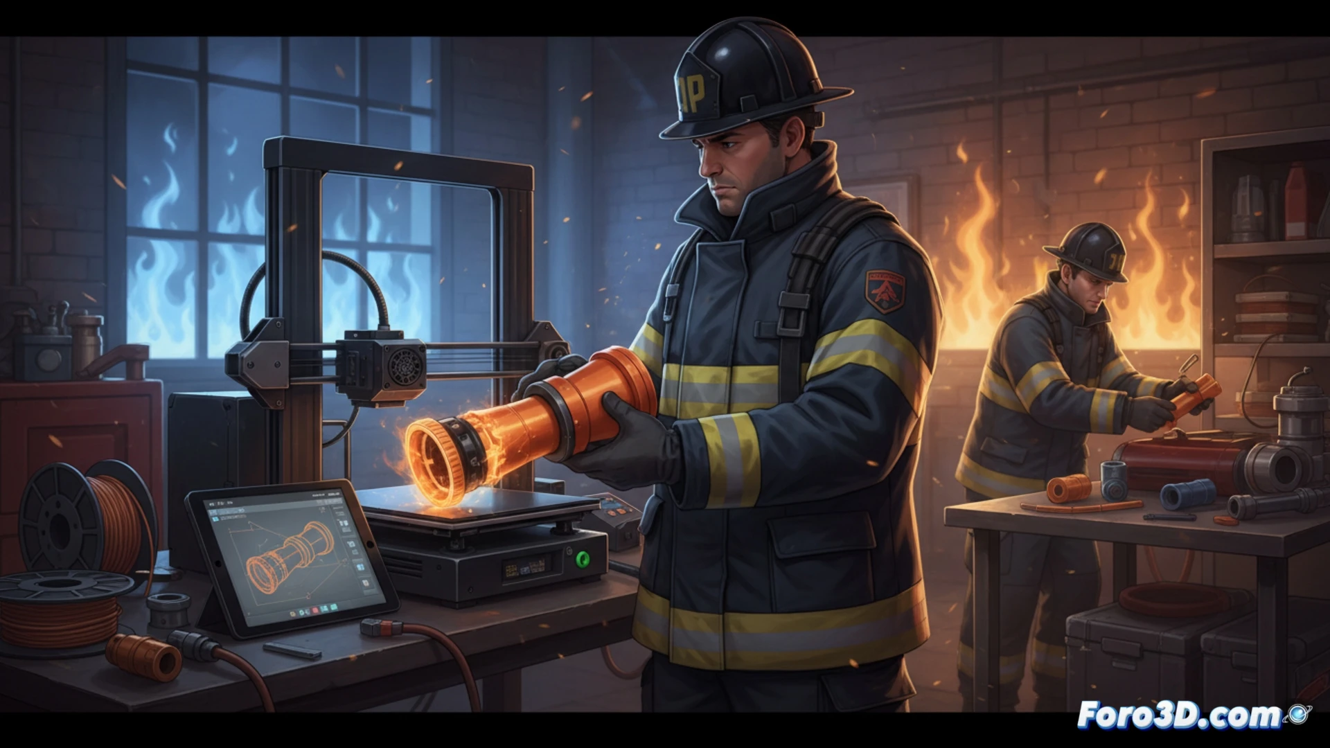 Bombero con casco y guantes sostiene pieza impresa en 3D, boquilla naranja para manguera, impresora 3D al fondo en el parque.