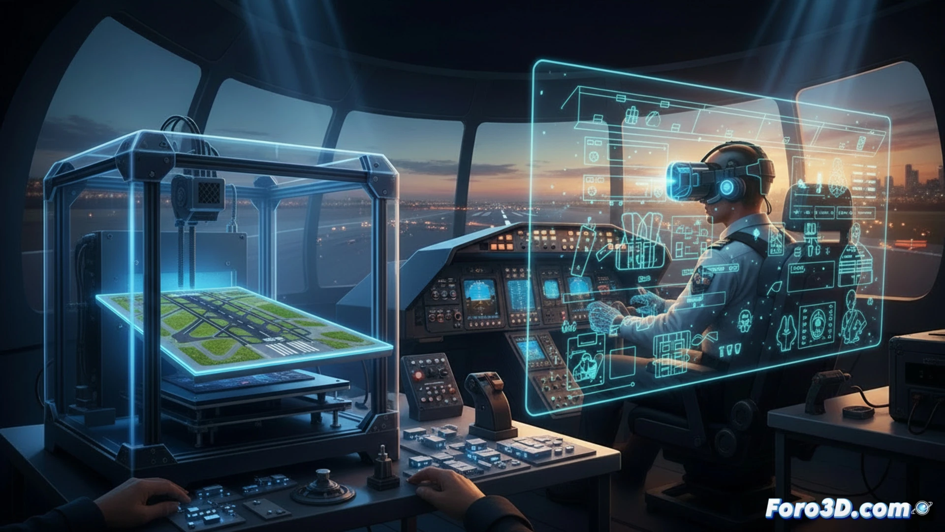 Impresión 3D de una pista de aeropuerto a escala con aviones, usada por controladores aéreos para planificar rutas de rodaje tácticas.