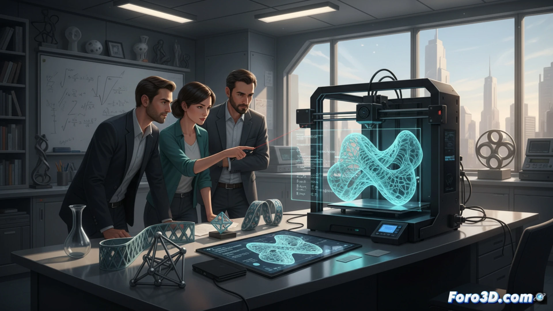 Un matemático sostiene una superficie de Riemann impresa en 3D, con capas curvas y puntos de ramificación visibles, mientras observa un modelo similar en una pantalla digital.
