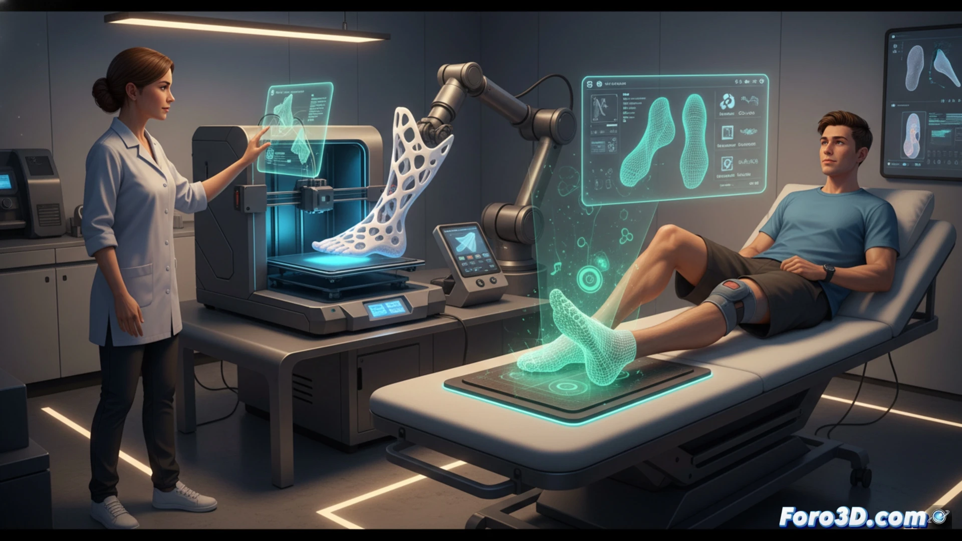 Un fisioterapeuta escanea un pie con dispositivo 3D, mostrando en pantalla una plantilla ortopédica modelada en Blender.