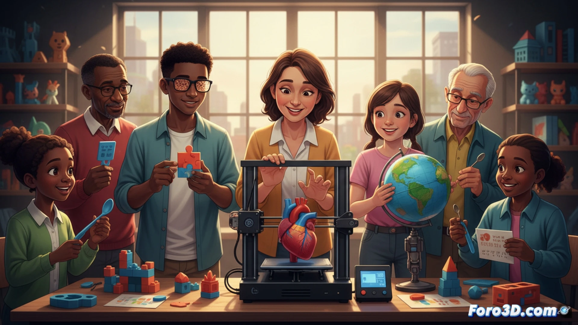 Un educador social muestra un mapa táctil impreso en 3D a un estudiante con discapacidad visual, mientras otros colaboran en una mesa con prótesis y materiales didácticos personalizados.