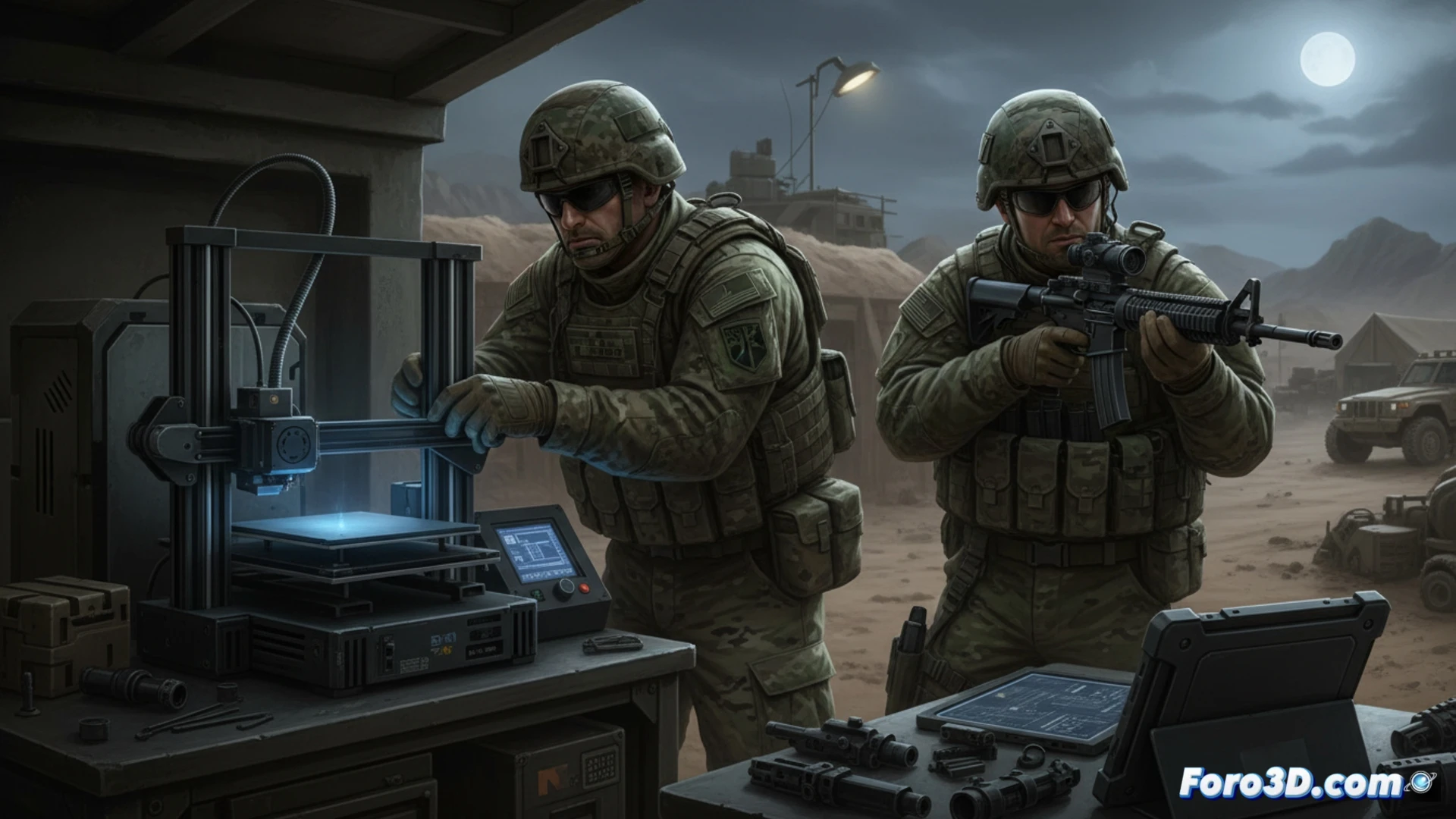 Descripción para imagen (80-120 caracteres): Soldado en tienda de campaña usando impresora 3D para fabricar soporte de mira nocturna para fusil.