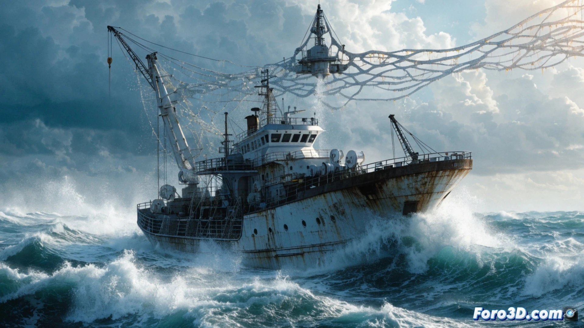 Descripción de imagen para artículo (80-120 caracteres):  
Patrón de pesca en cubierta usando impresora 3D para fabricar un repuesto técnico bajo demanda, con el mar de fondo.
